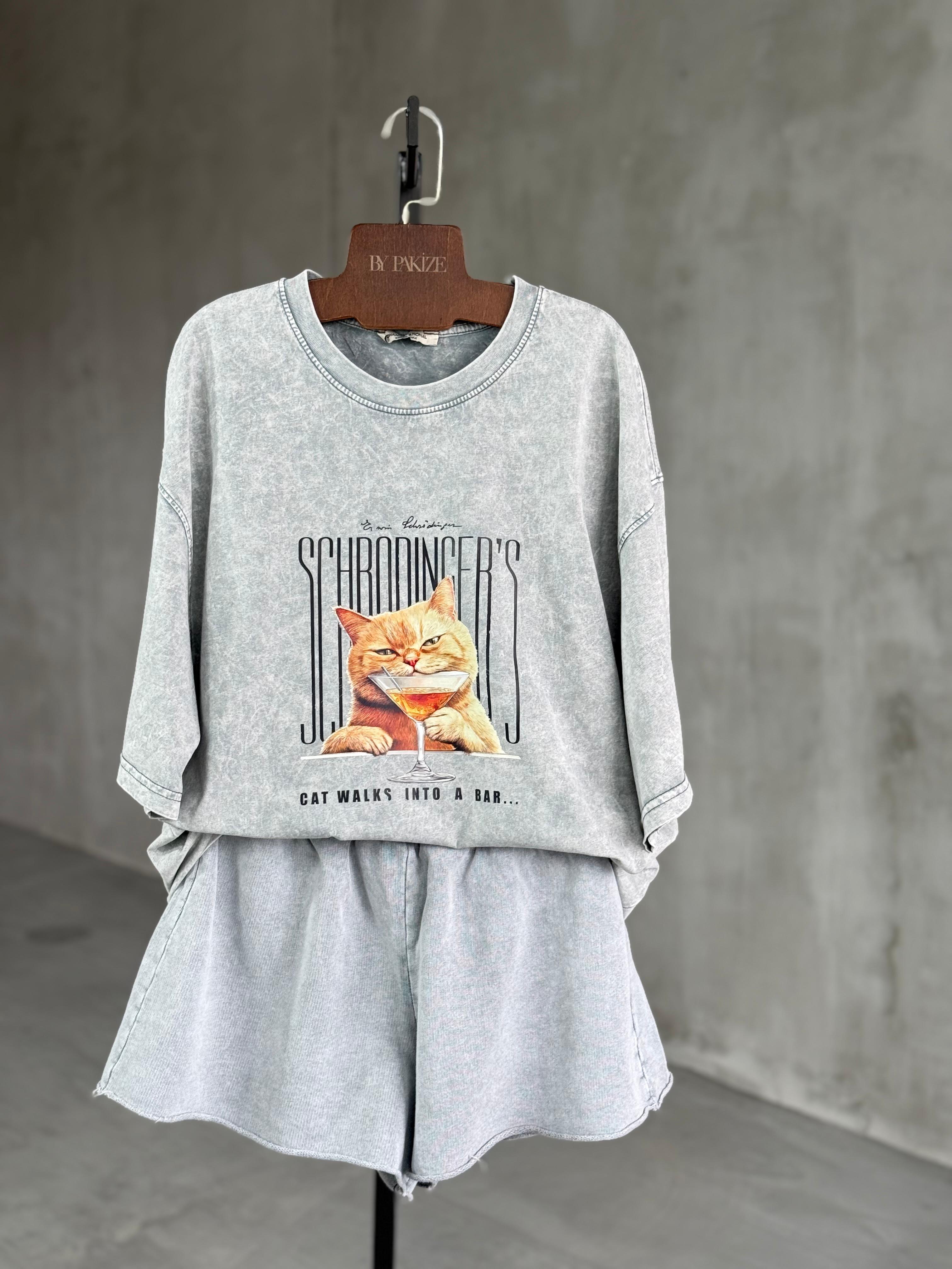 Tasarım Kedi Baskılı Taş Yıkama Oversize Dokuma Tişört (Gri)