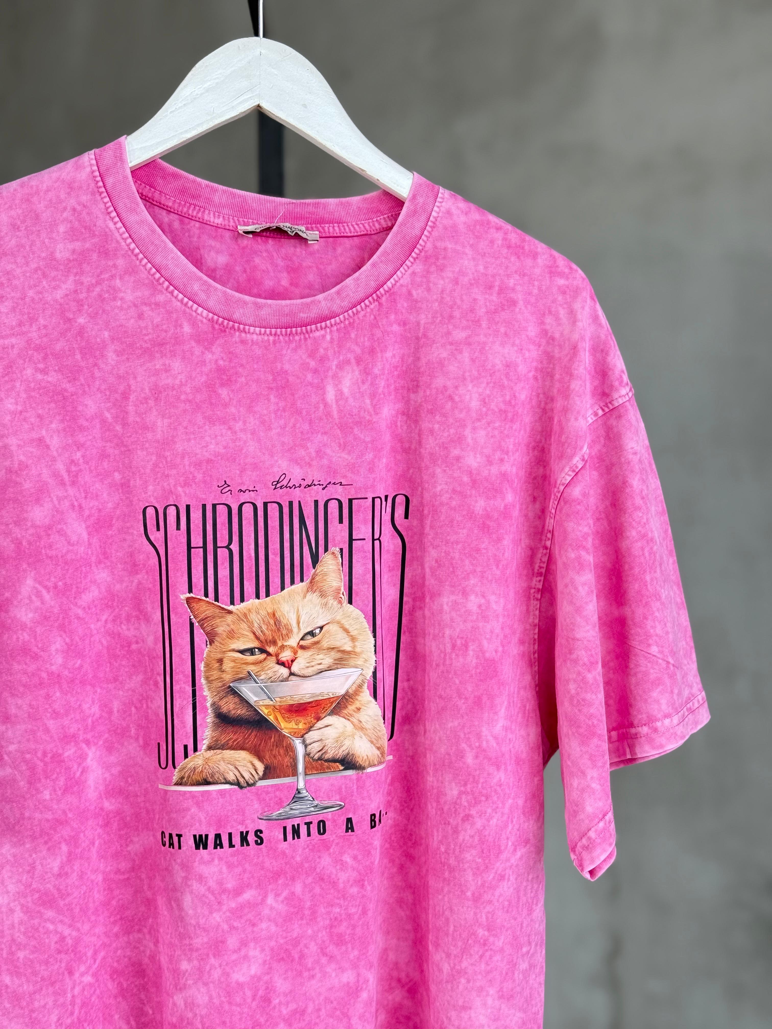 Tasarım Kedi Baskılı Taş Yıkama Oversize Dokuma Tişört (Pembe)