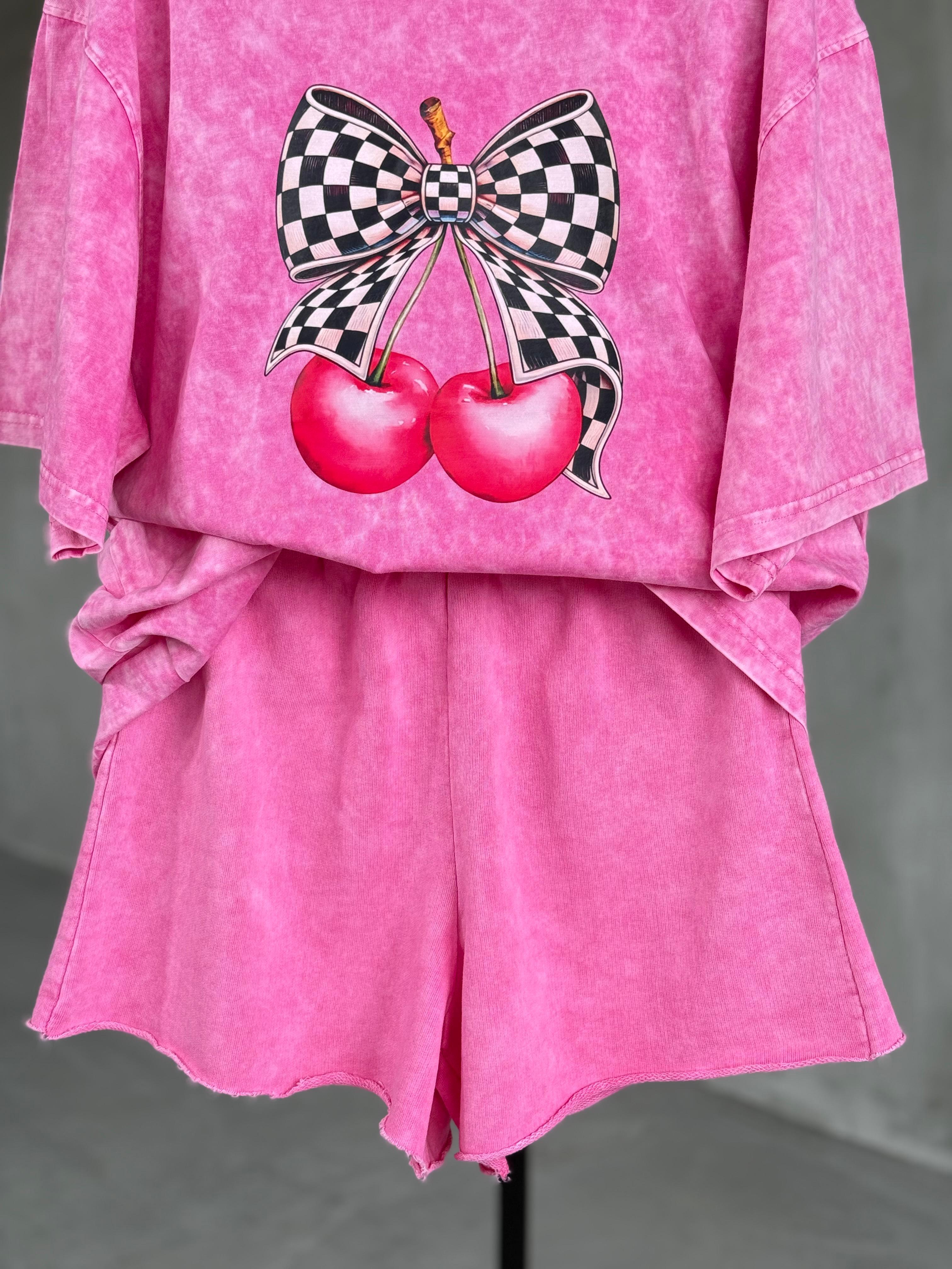 Tasarım Kiraz Baskılı Taş Yıkama Oversize Dokuma TAKIM (Pembe)