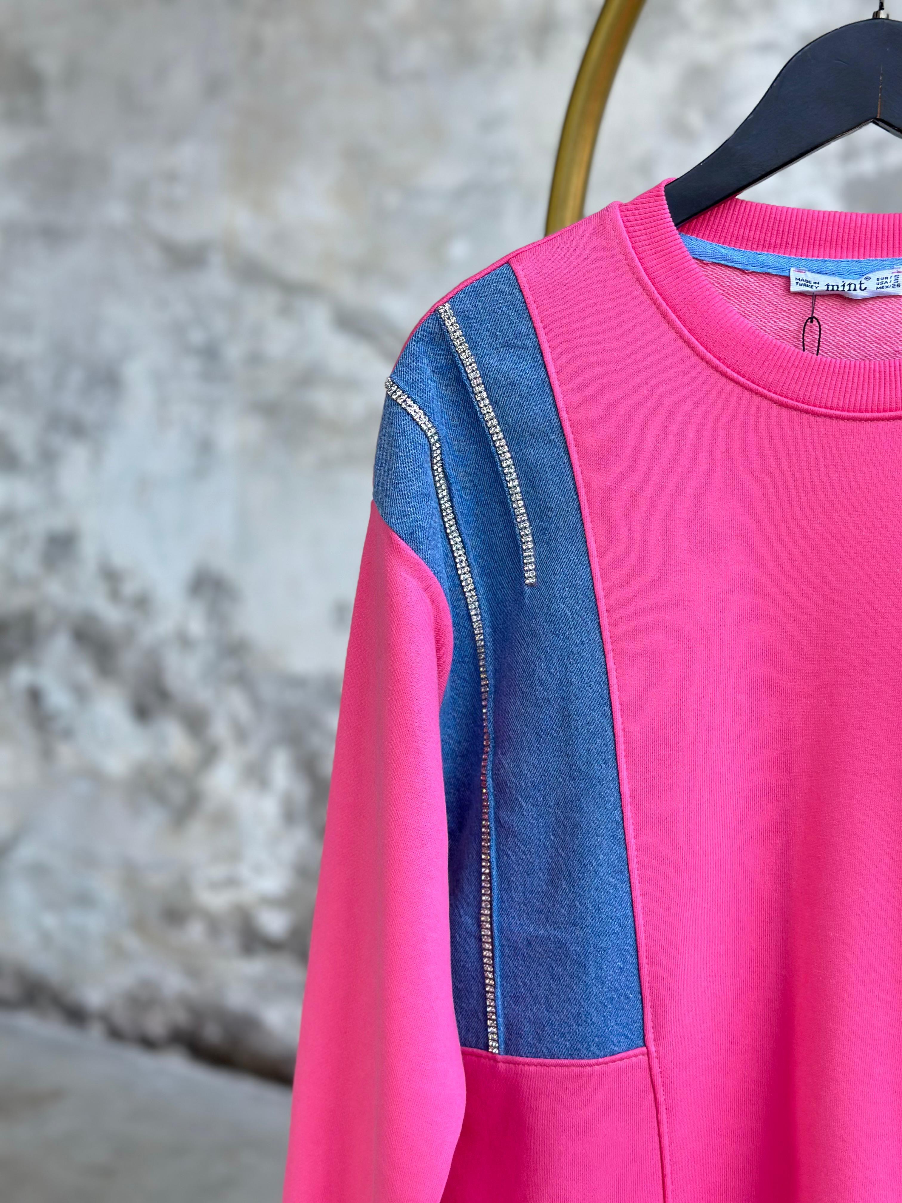 Tasarım Kot Detay Şerit Çizgi Taşlı Sweat (Pembe)
