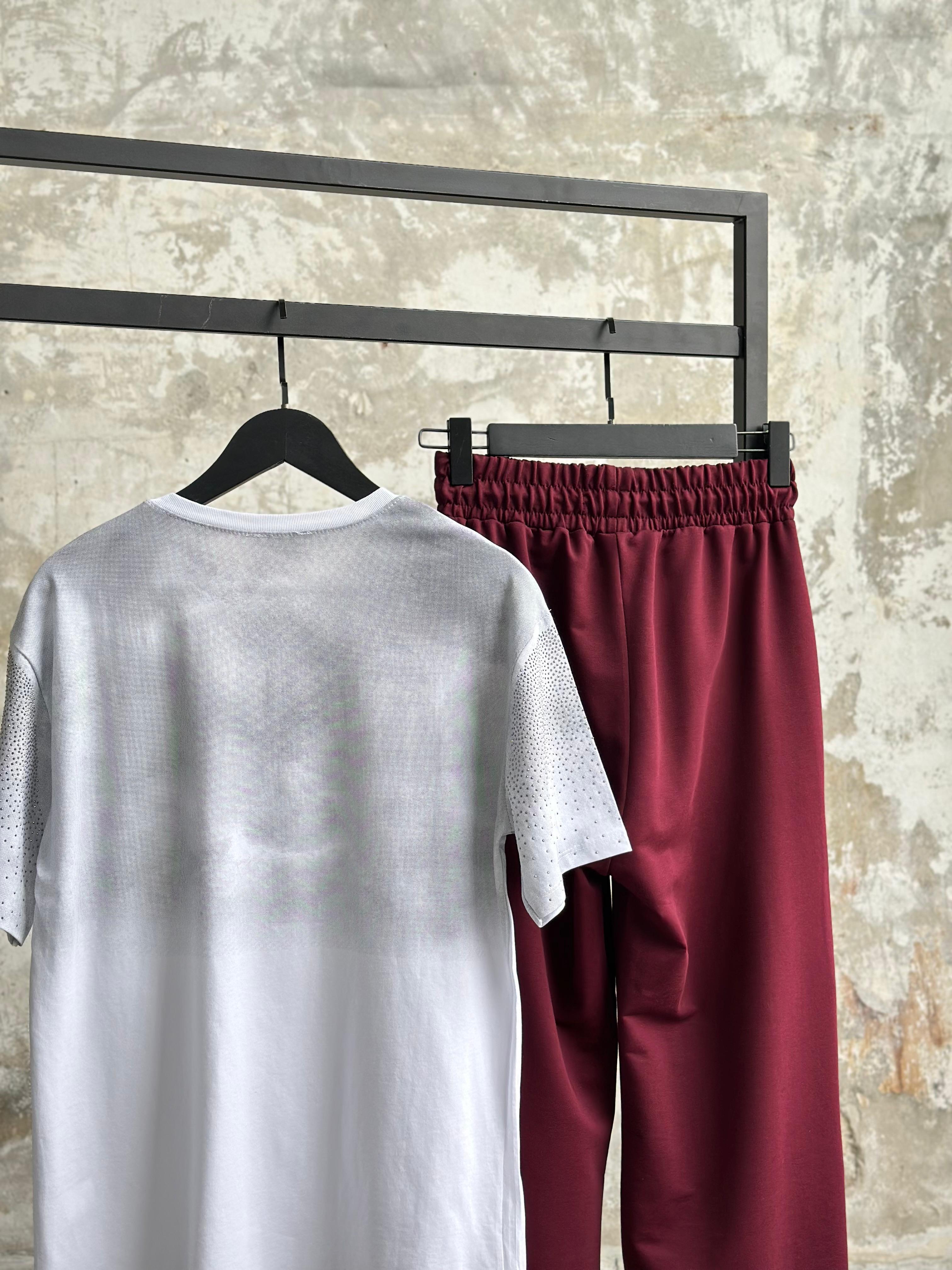 Tasarım Kristal Taş İşçilikli Pantolon (Bordo)