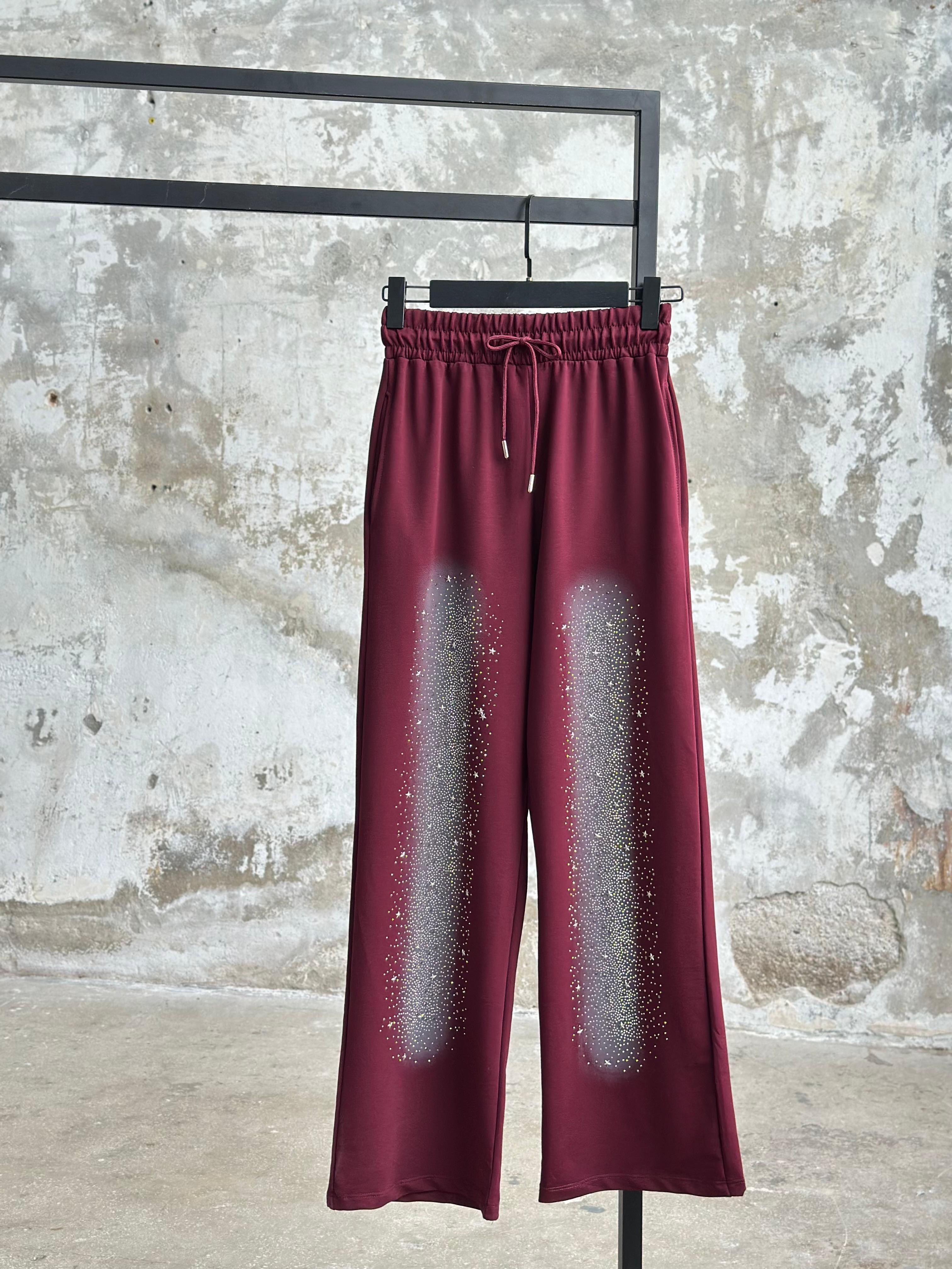 Tasarım Kristal Taş İşçilikli Pantolon (Bordo)