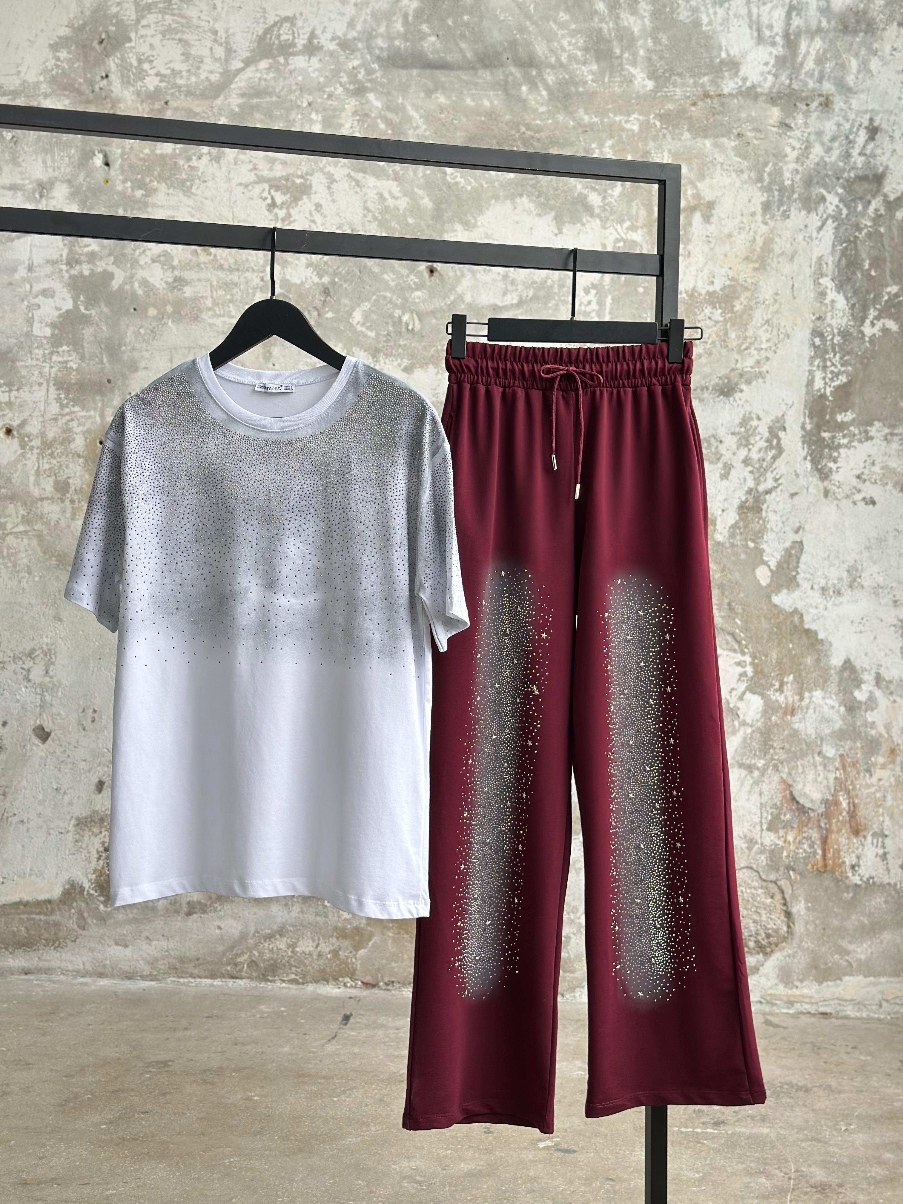 Tasarım Kristal Taş İşçilikli Pantolon (Bordo)