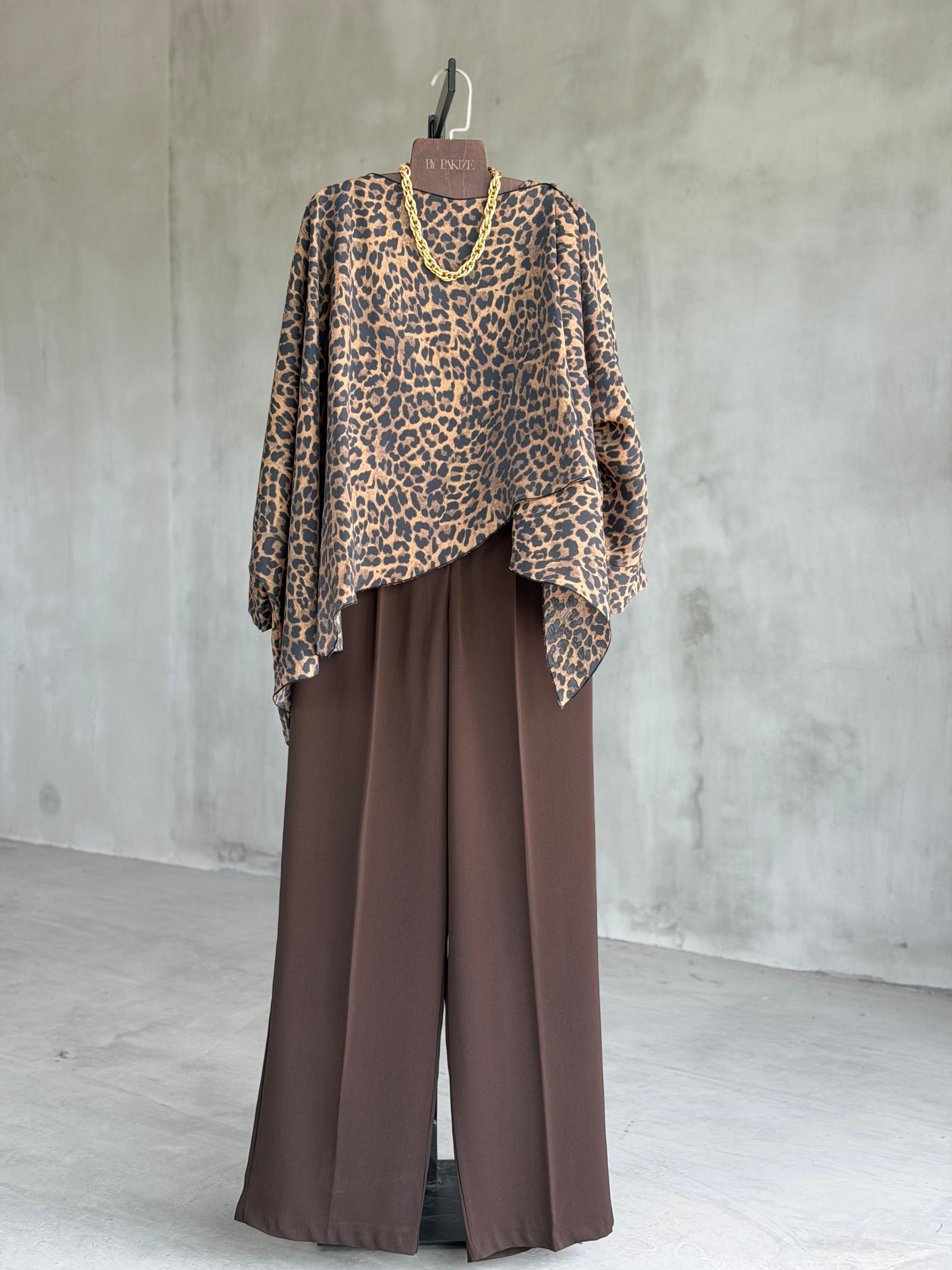 Tasarım Leopar Pelerin Model Bluz (Kahve)