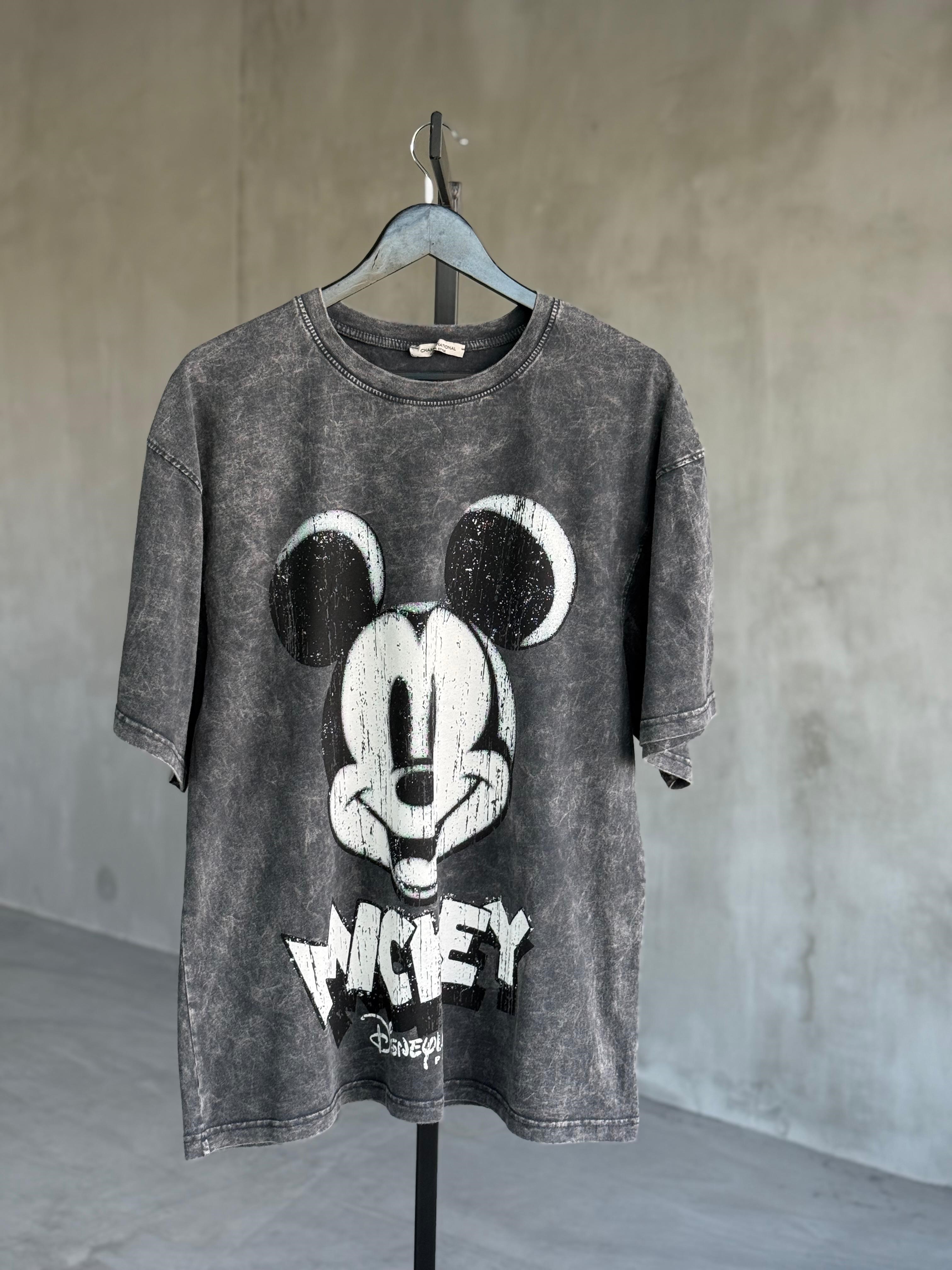 Tasarım Mickey Baskılı Taş Yıkama Oversize Dokuma TAKIM (Antrasit)