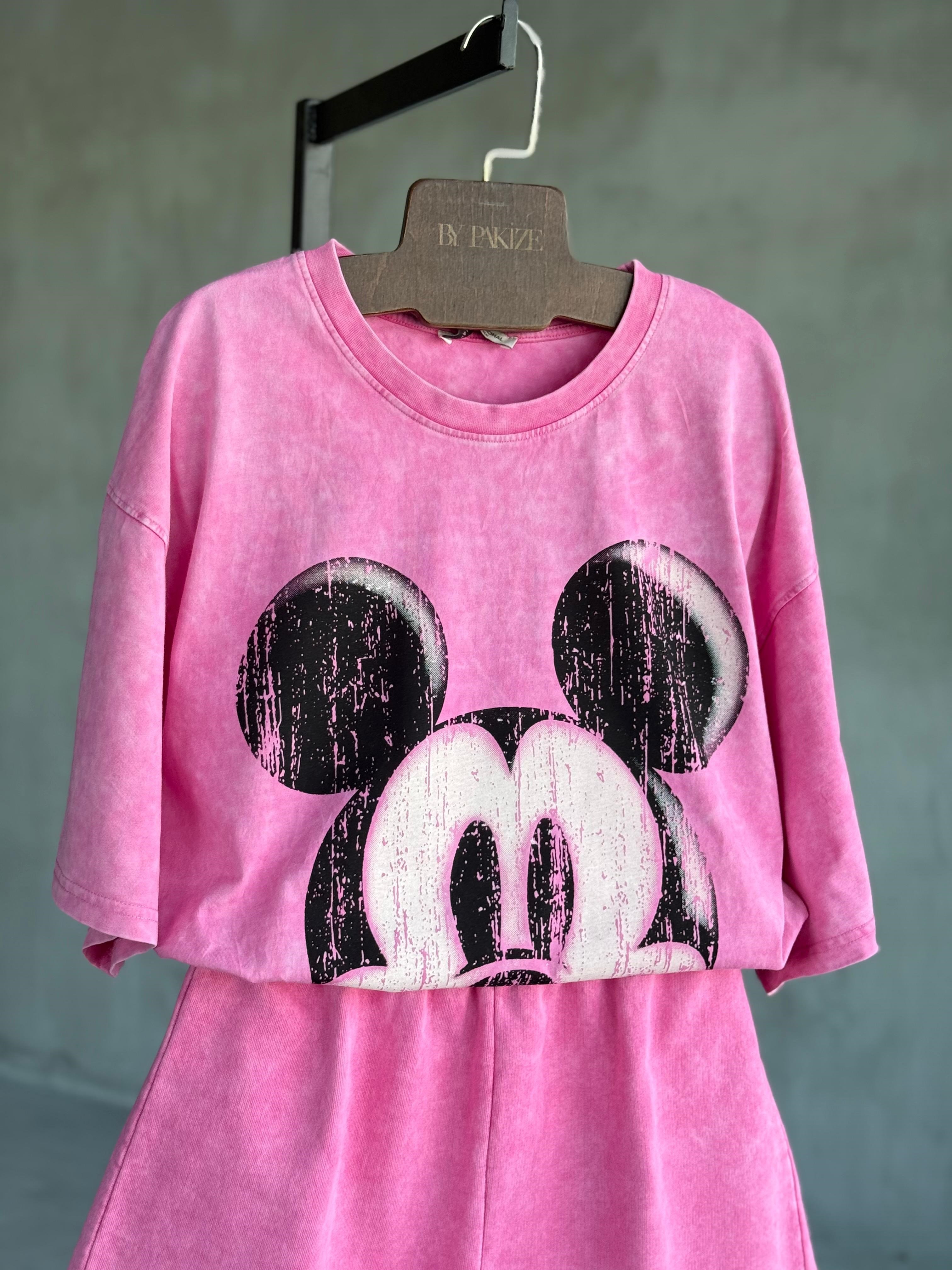 Tasarım Mickey Baskılı Taş Yıkama Oversize Dokuma TAKIM (Pembe)