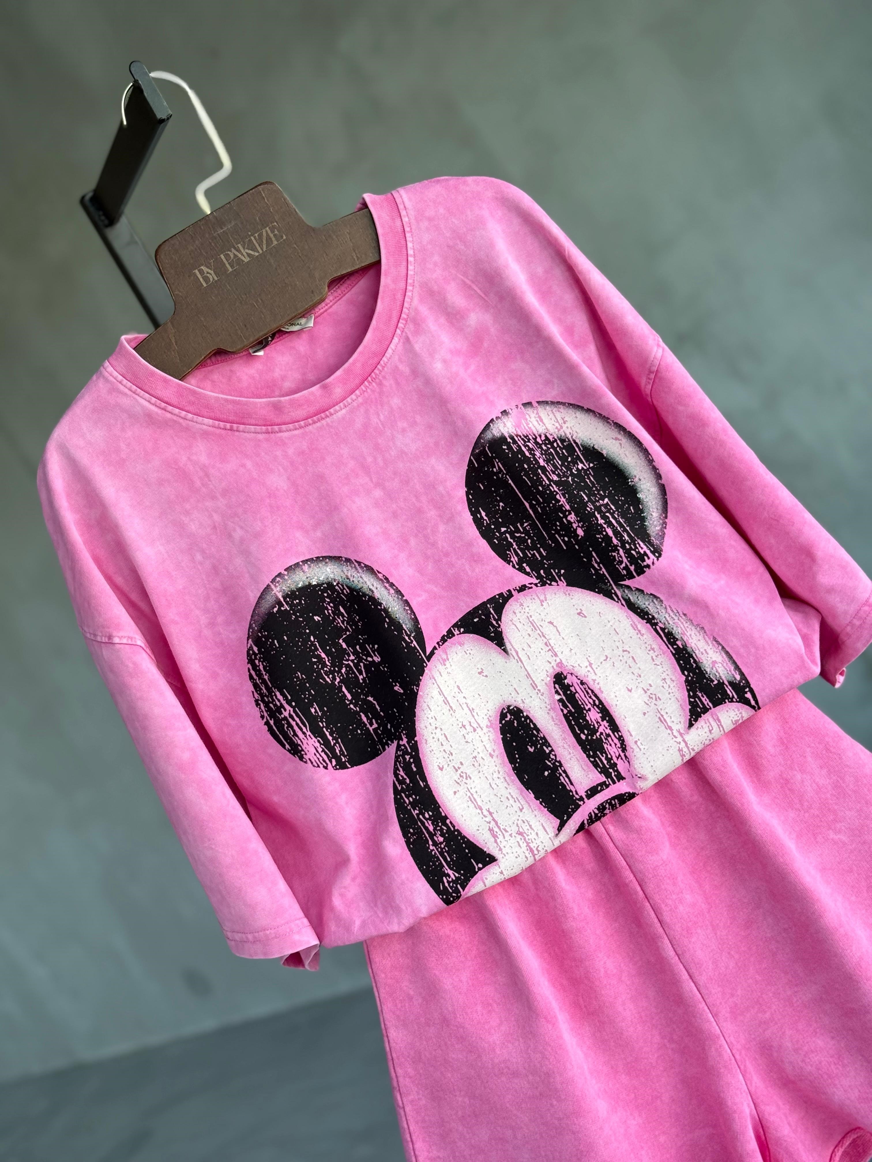 Tasarım Mickey Baskılı Taş Yıkama Oversize Dokuma TAKIM (Pembe)