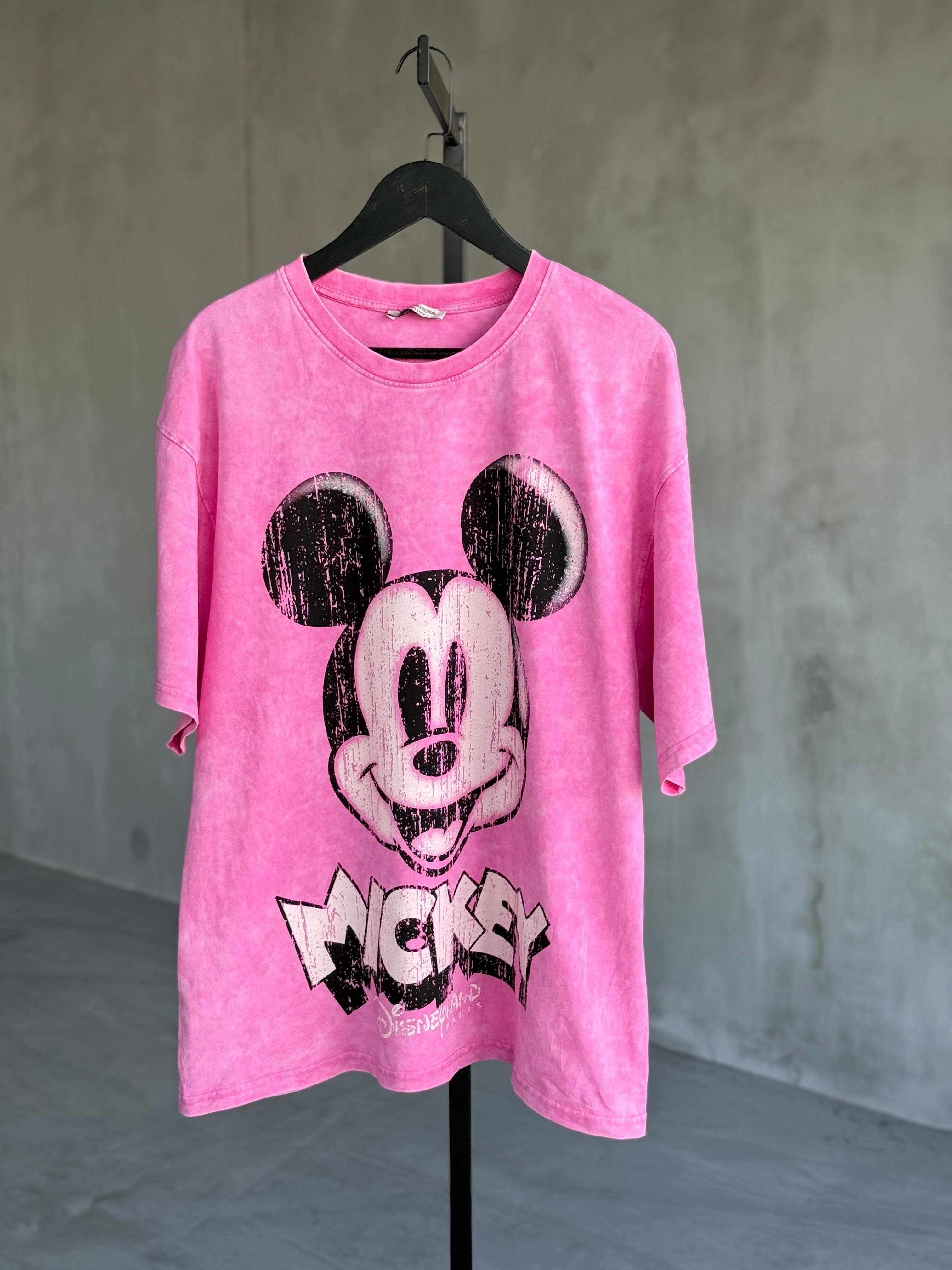 Tasarım Mickey Baskılı Taş Yıkama Oversize Dokuma TAKIM (Pembe)
