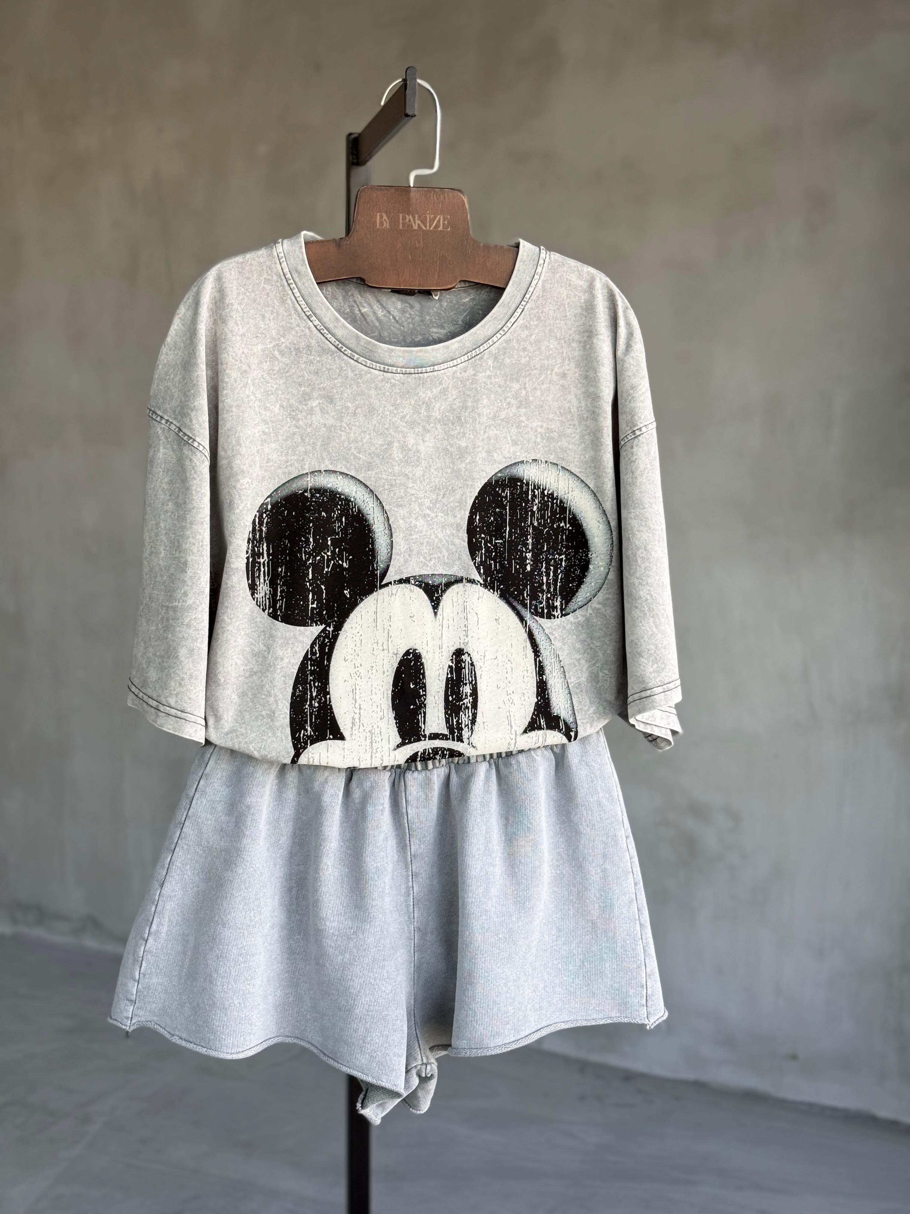 Tasarım Mickey Baskılı Taş Yıkama Oversize Dokuma TAKIM (Gri)