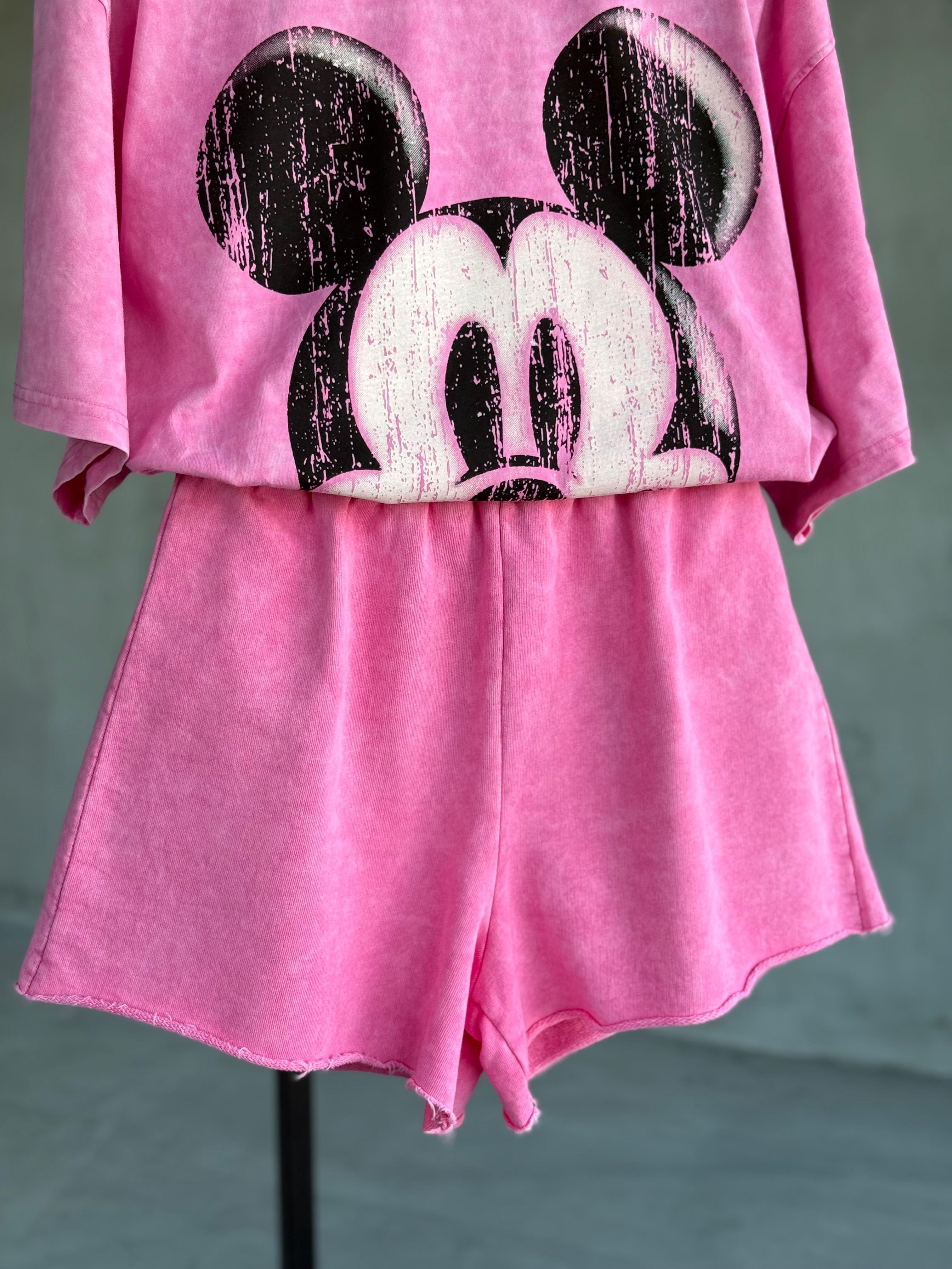 Tasarım Mickey Baskılı Taş Yıkama Oversize Dokuma TAKIM (Pembe)