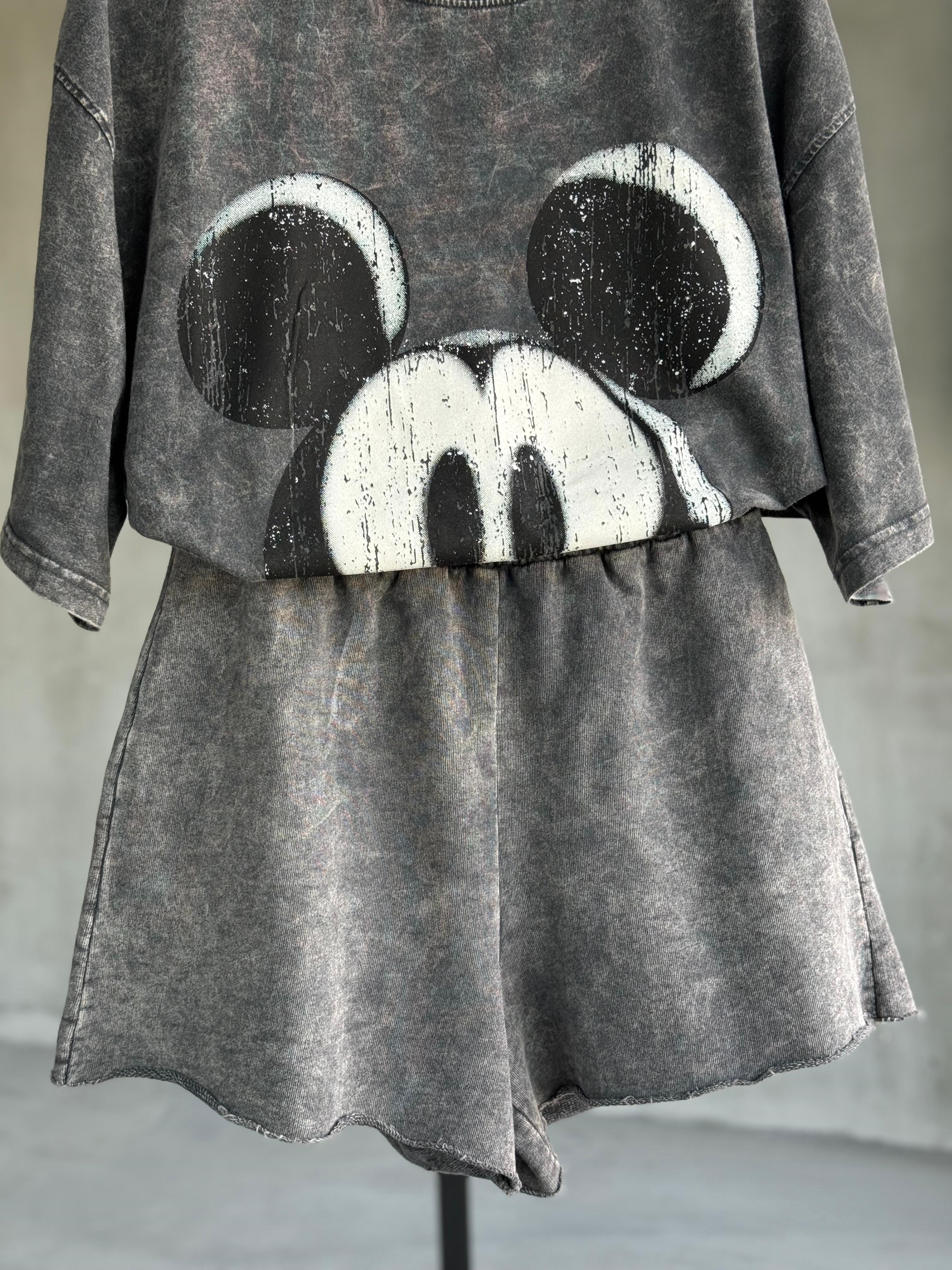 Tasarım Mickey Baskılı Taş Yıkama Oversize Dokuma TAKIM (Antrasit)
