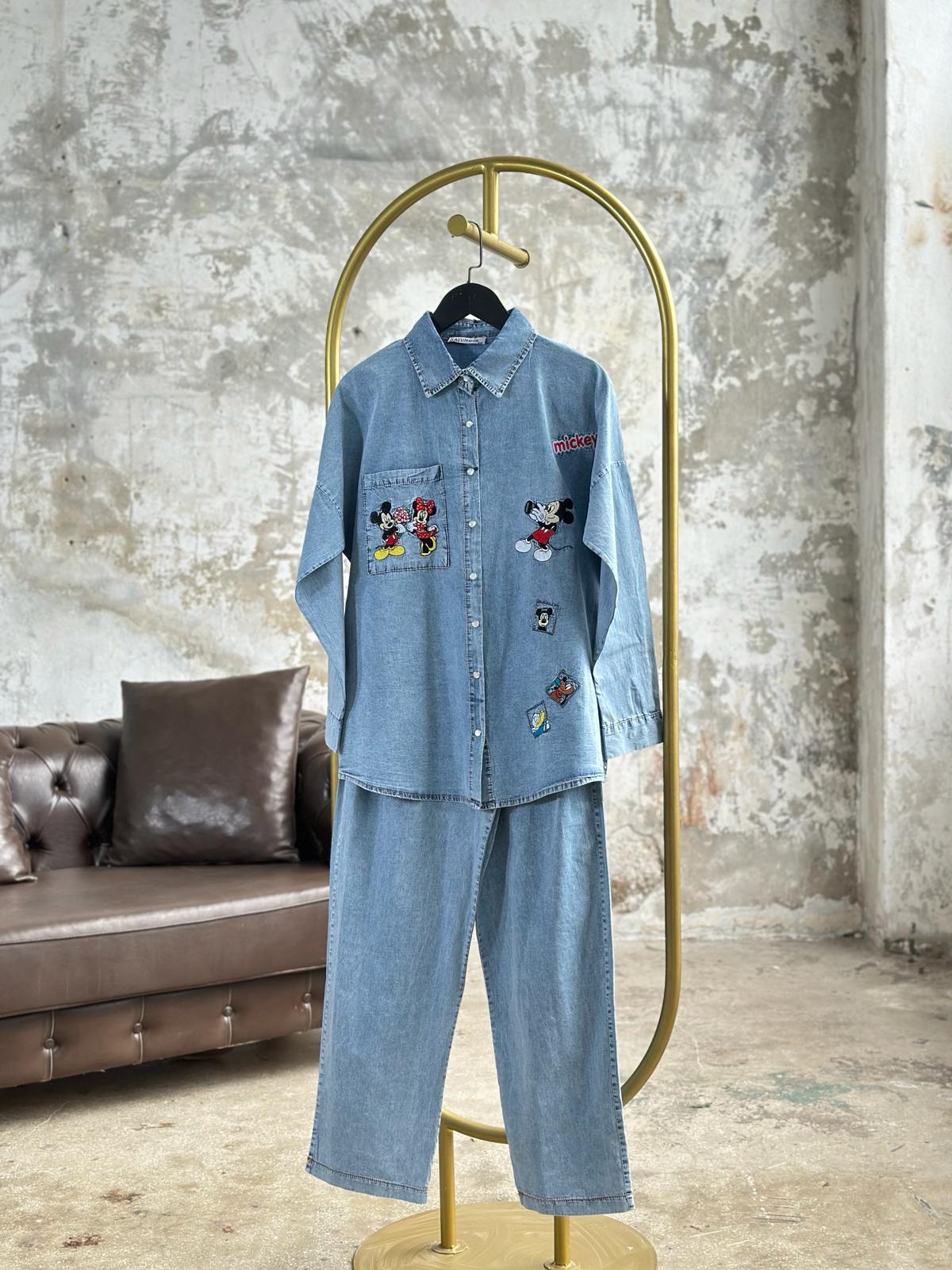 Tasarım Mickey Nakış İşlemeli Denim Takım (Buz Mavisi)