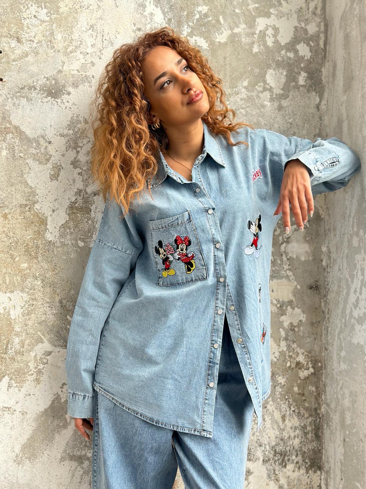 Tasarım Mickey Nakış İşlemeli Denim Takım (Buz Mavisi)