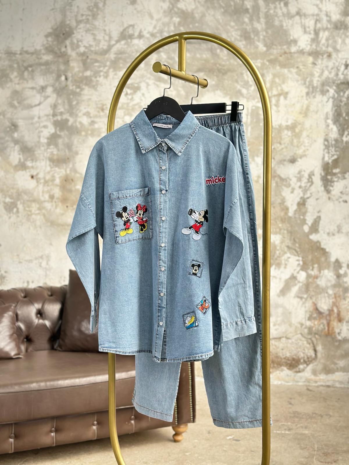 Tasarım Mickey Nakış İşlemeli Denim Takım (Buz Mavisi)