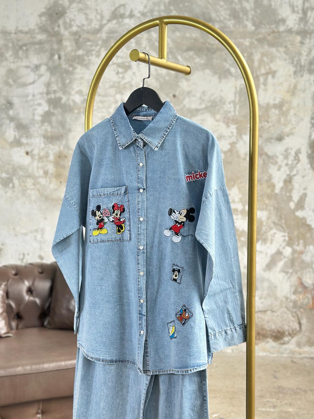 Tasarım Mickey Nakış İşlemeli Denim Takım (Buz Mavisi)
