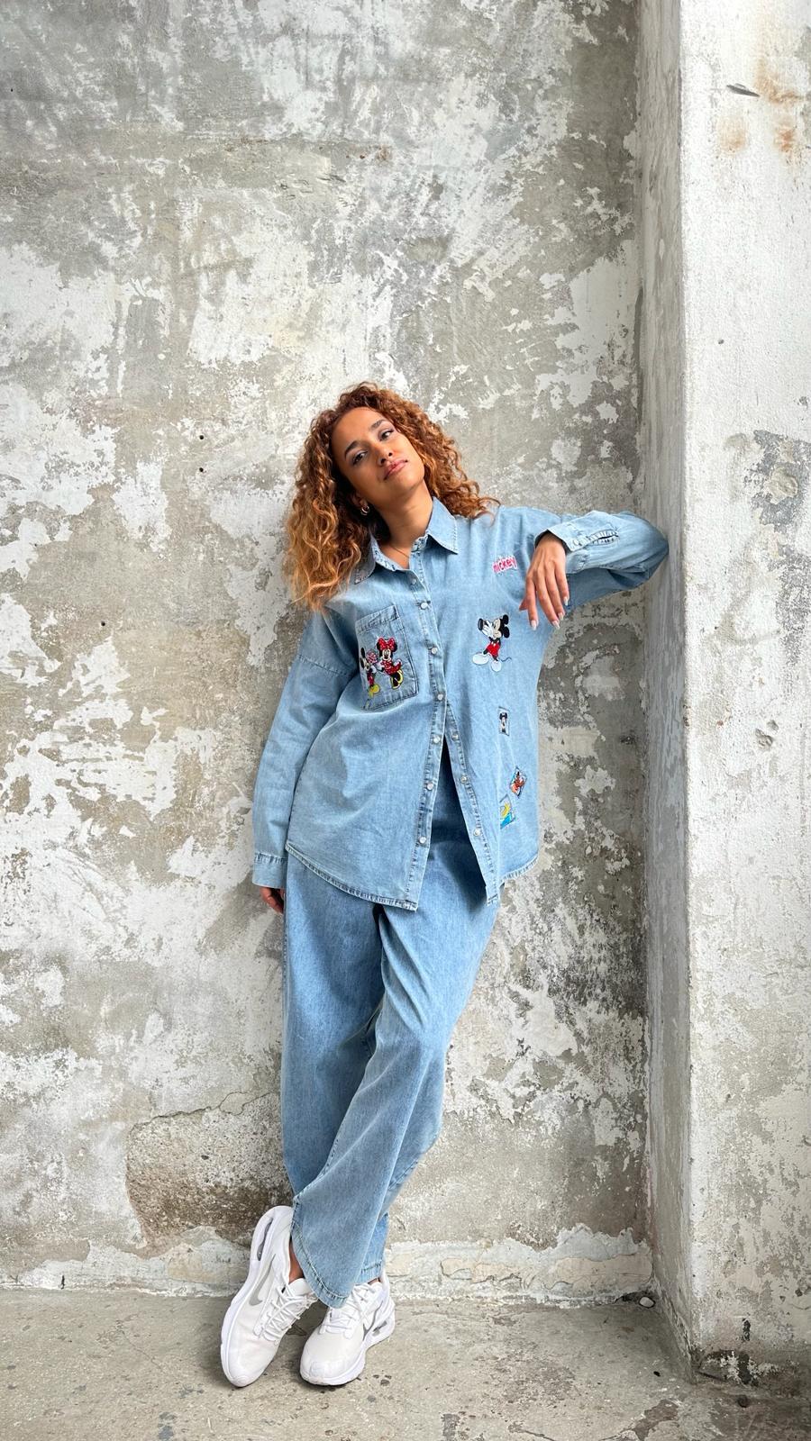 Tasarım Mickey Nakış İşlemeli Denim Takım (Buz Mavisi)