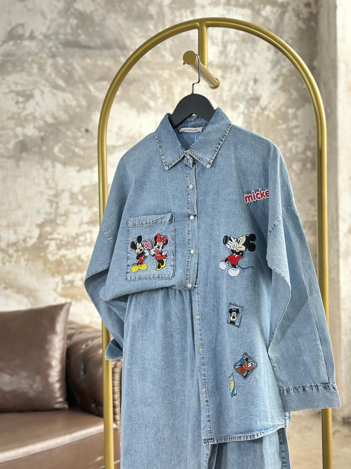 Tasarım Mickey Nakış İşlemeli Denim Takım (Buz Mavisi)