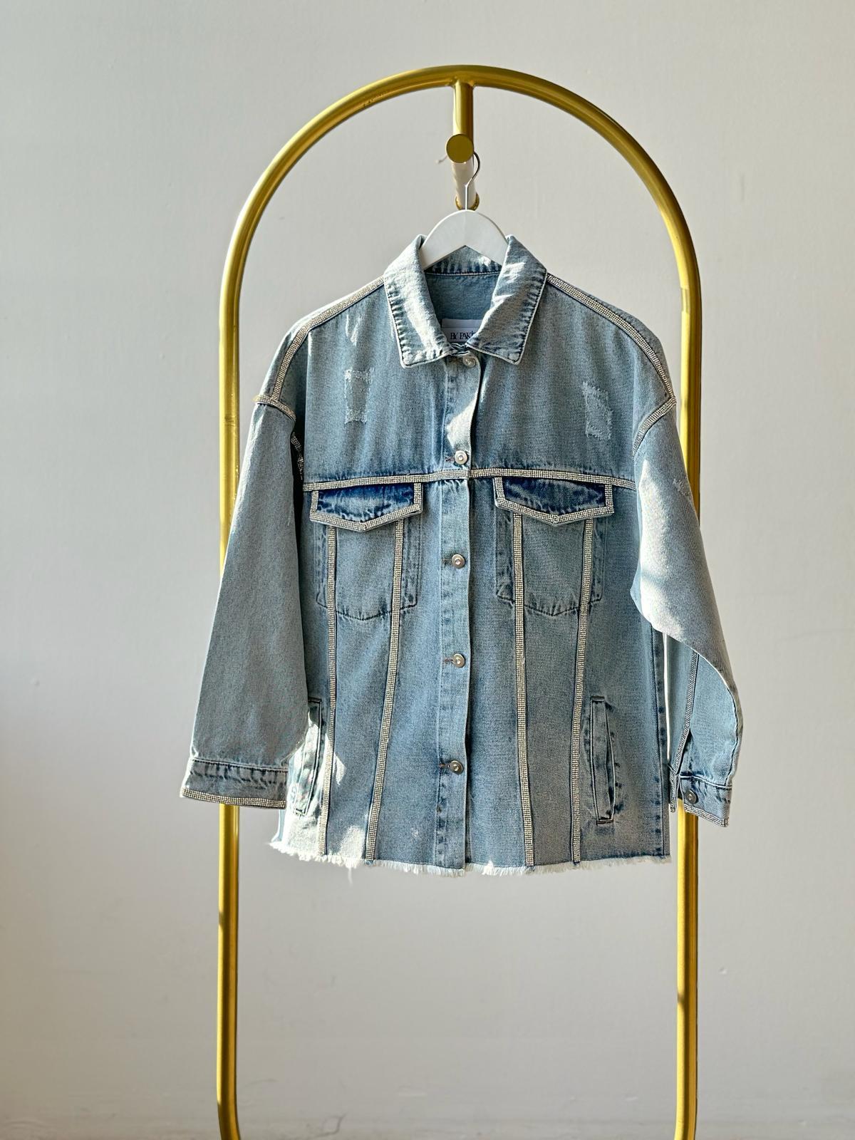 Tasarım Model İthal Kristal Taş İşçilikli Kot Ceket (Mavi) 