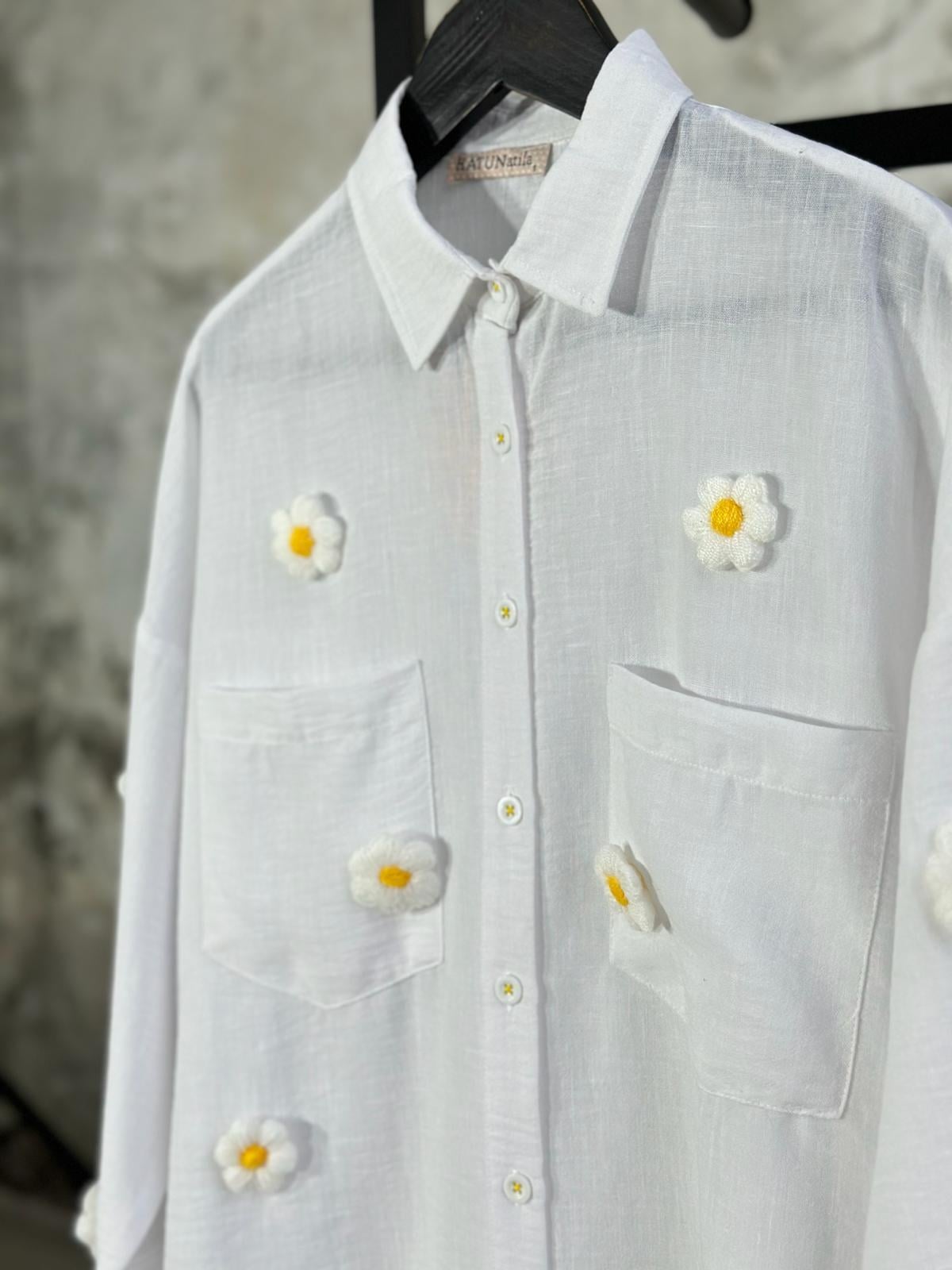 Tasarım Model Keten Kumaş Örme Papatyalı Gömlek (Beyaz)