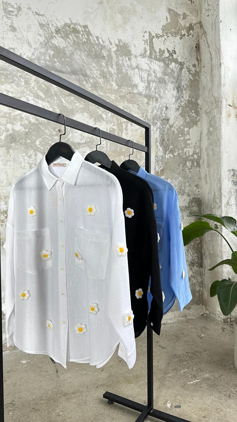 Tasarım Model Keten Kumaş Örme Papatyalı Gömlek (Beyaz)