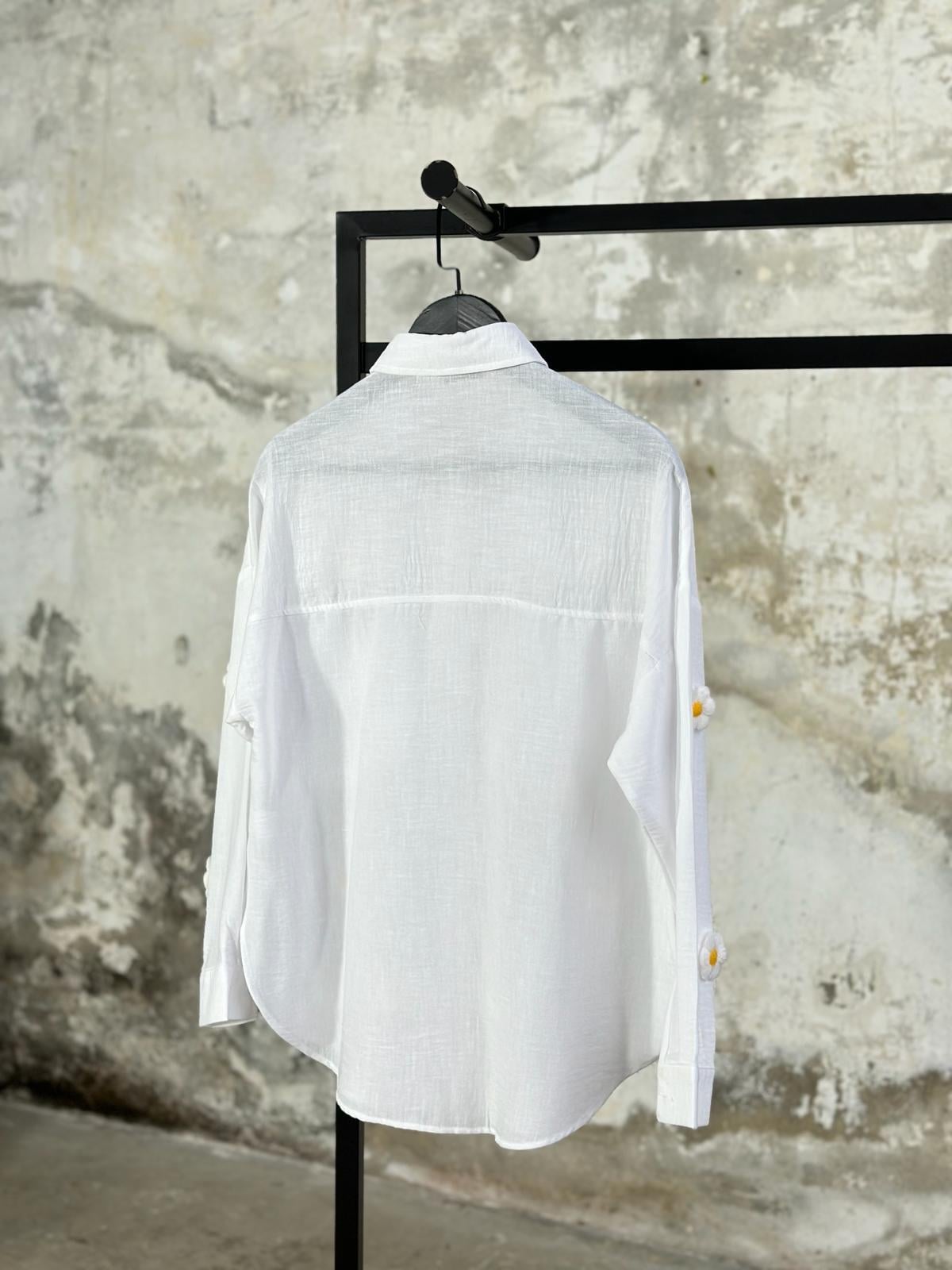 Tasarım Model Keten Kumaş Örme Papatyalı Gömlek (Beyaz)