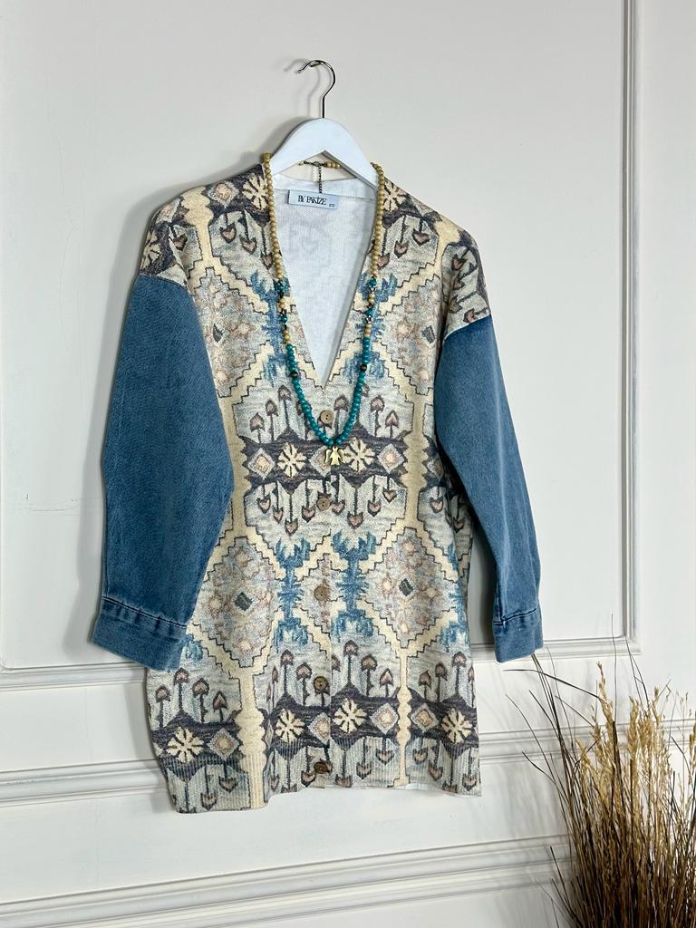 Tasarım Model Kolu Kot Çelik Triko Düğmeli Hırka (Karışık Renk)
