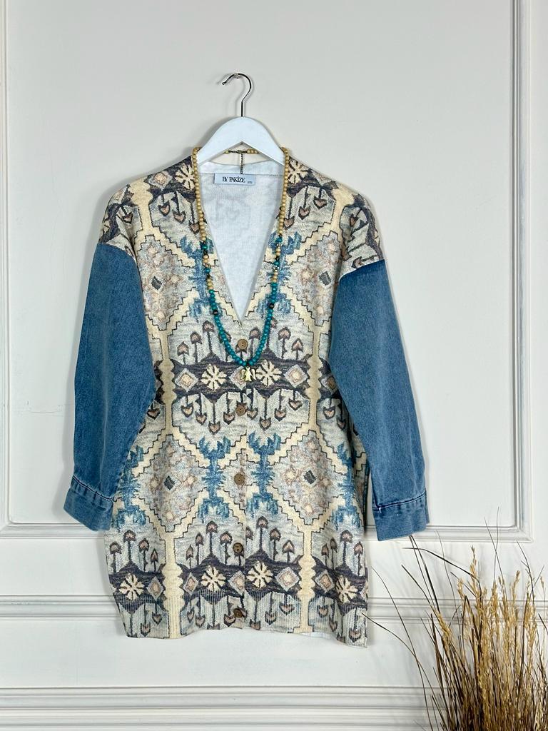 Tasarım Model Kolu Kot Çelik Triko Düğmeli Hırka (Karışık Renk)
