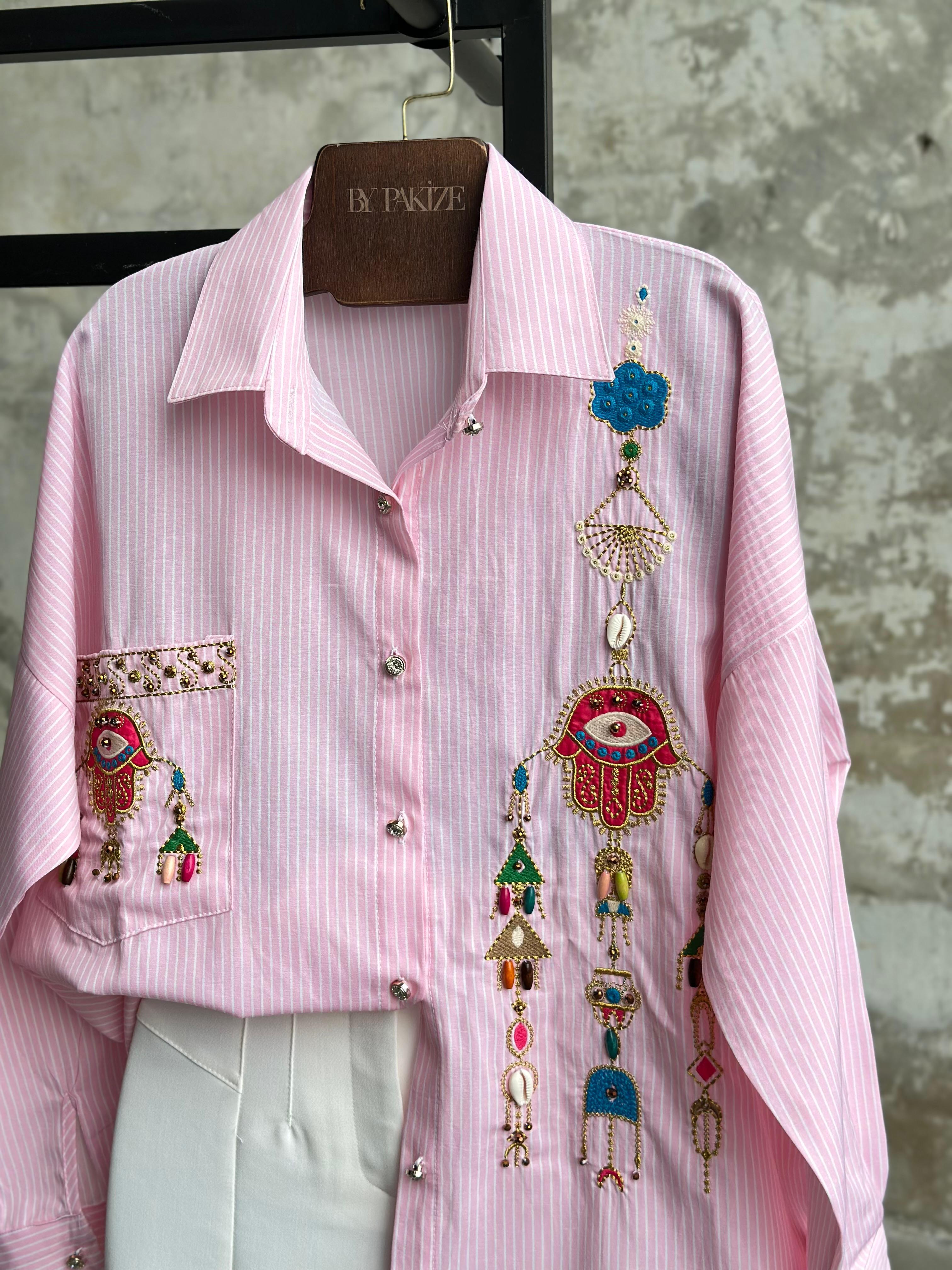 Tasarım Nakış Ve Taş İşçilikli Çizgili Gömlek (Pembe)