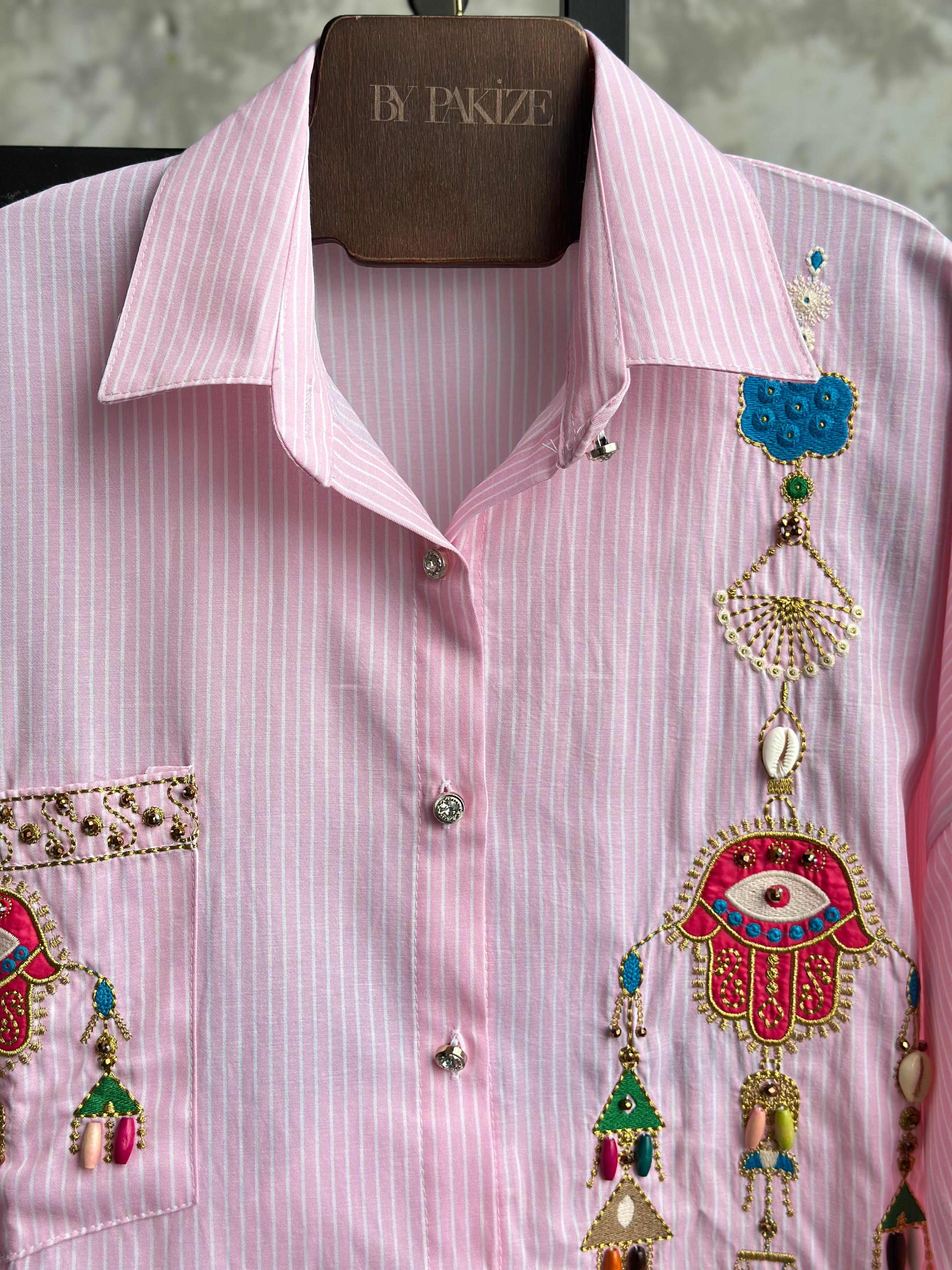 Tasarım Nakış Ve Taş İşçilikli Çizgili Gömlek (Pembe)
