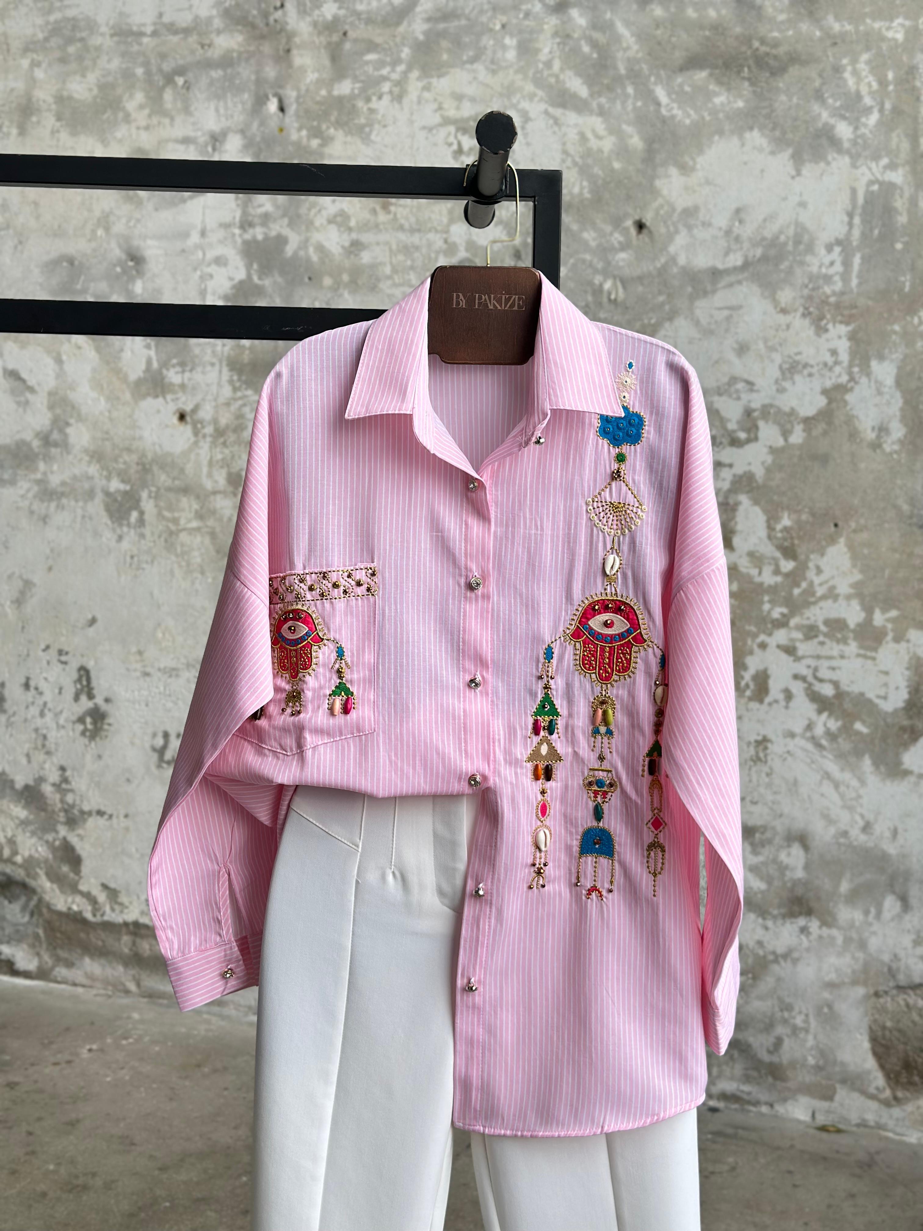 Tasarım Nakış Ve Taş İşçilikli Çizgili Gömlek (Pembe)