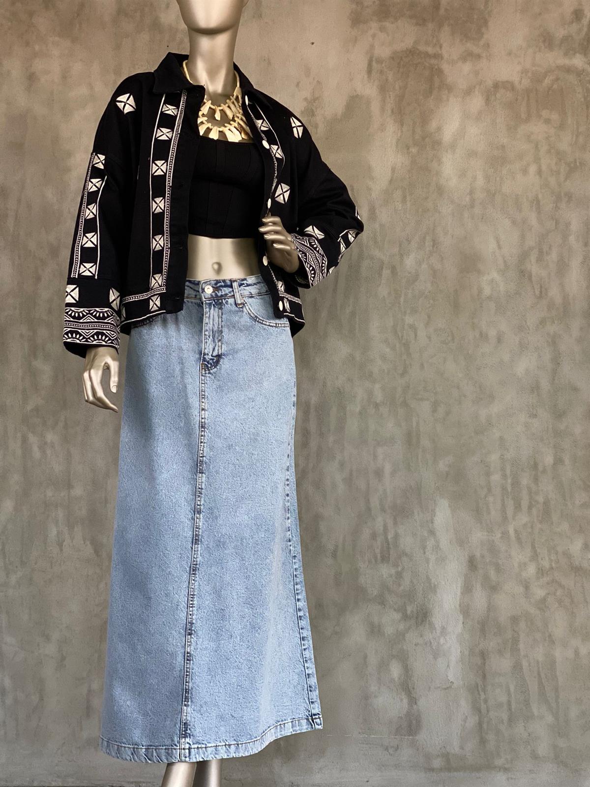 Tasarım Nakışlı Denim Ceket (Siyah)