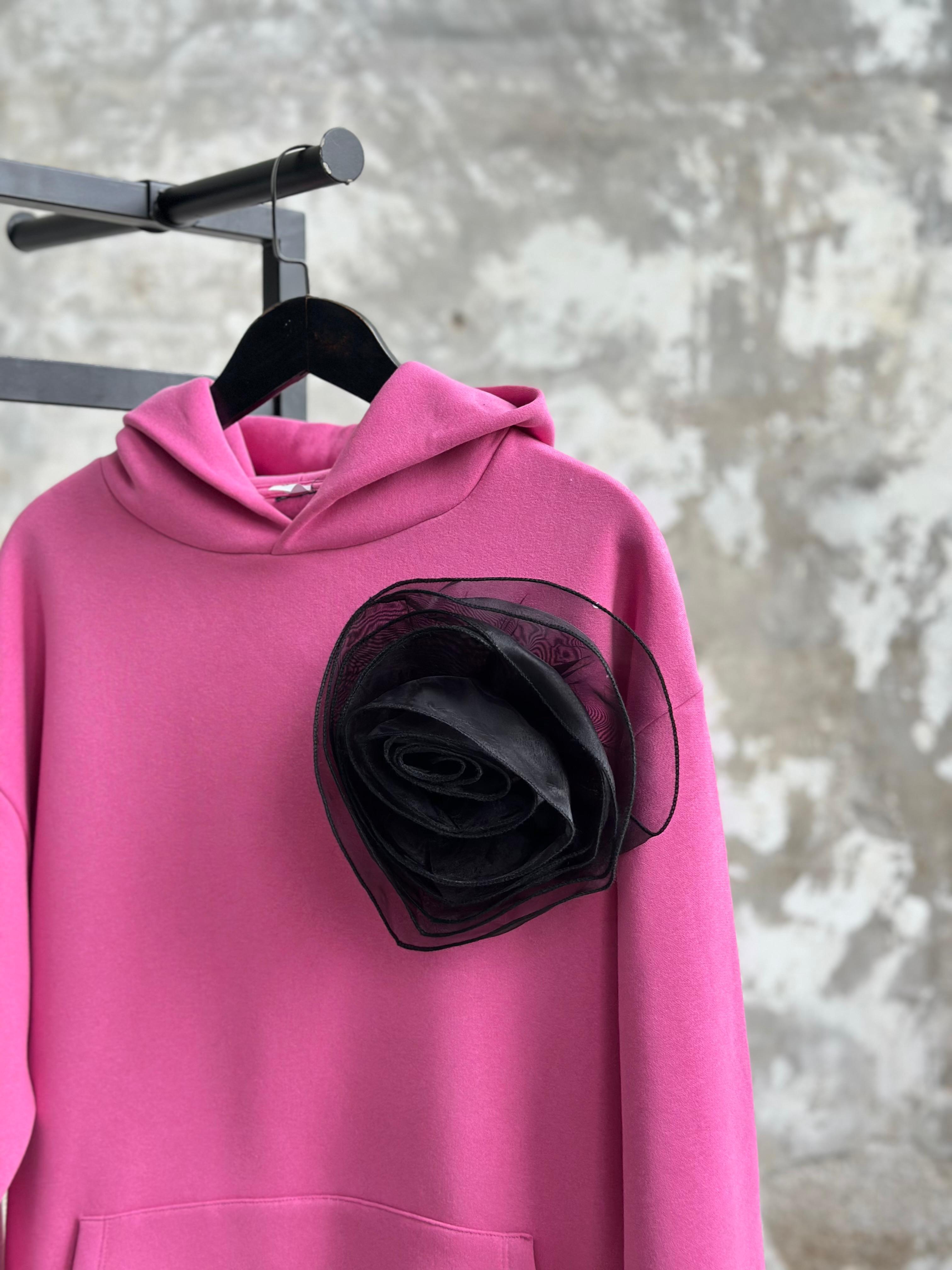 Tasarım Organze Güllü Kapşunlu Sweat (Pembe)
