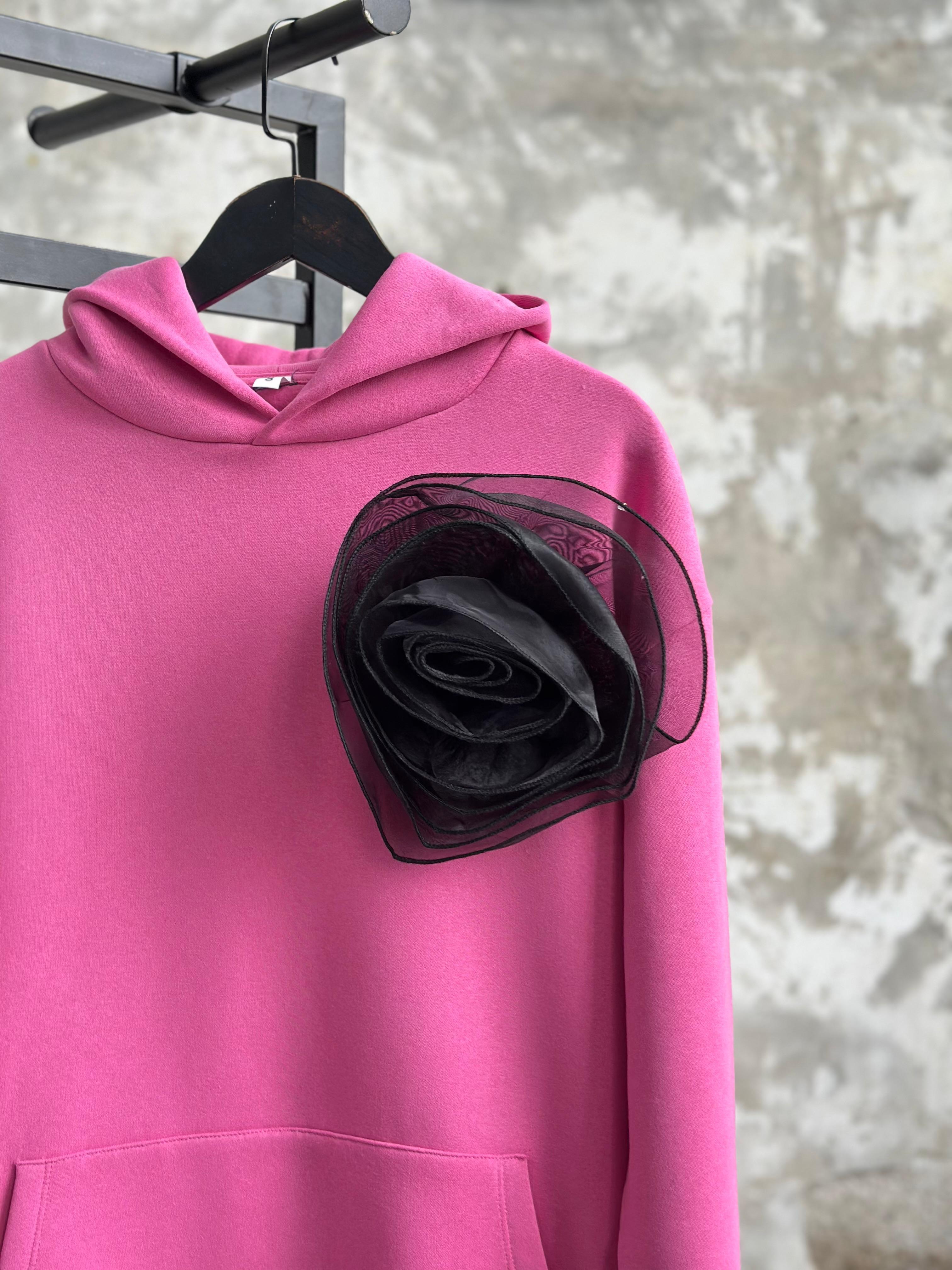 Tasarım Organze Güllü Kapşunlu Sweat (Pembe)
