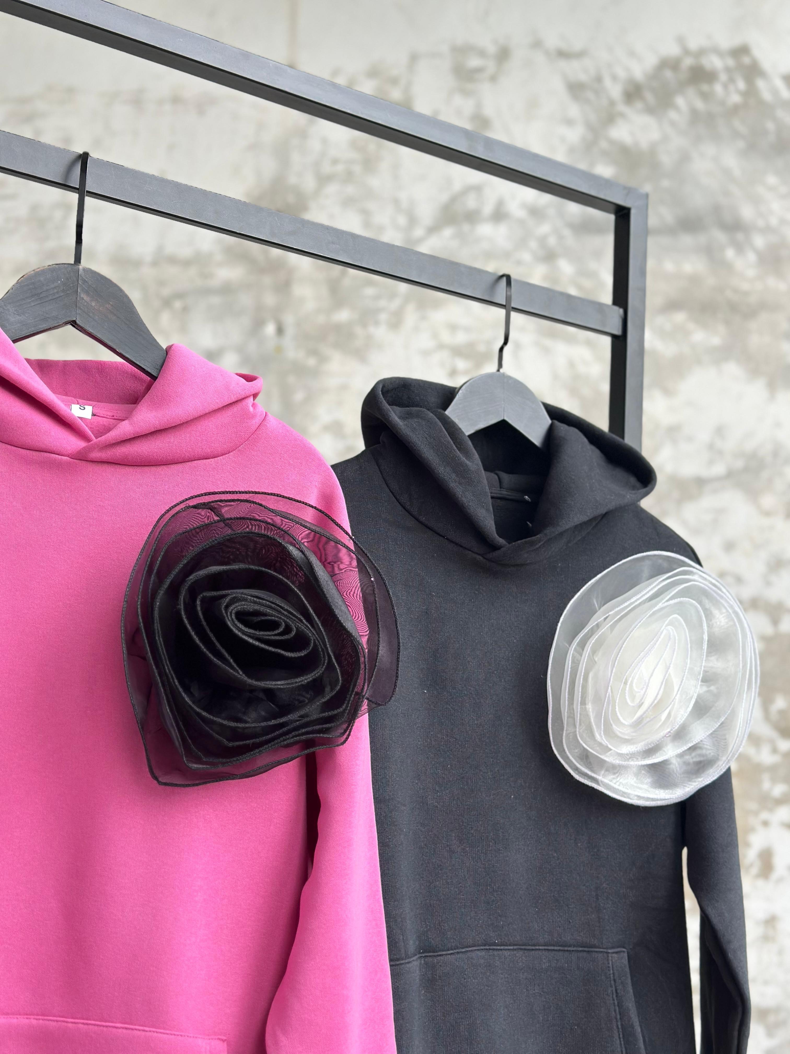 Tasarım Organze Güllü Kapşunlu Sweat (Pembe)