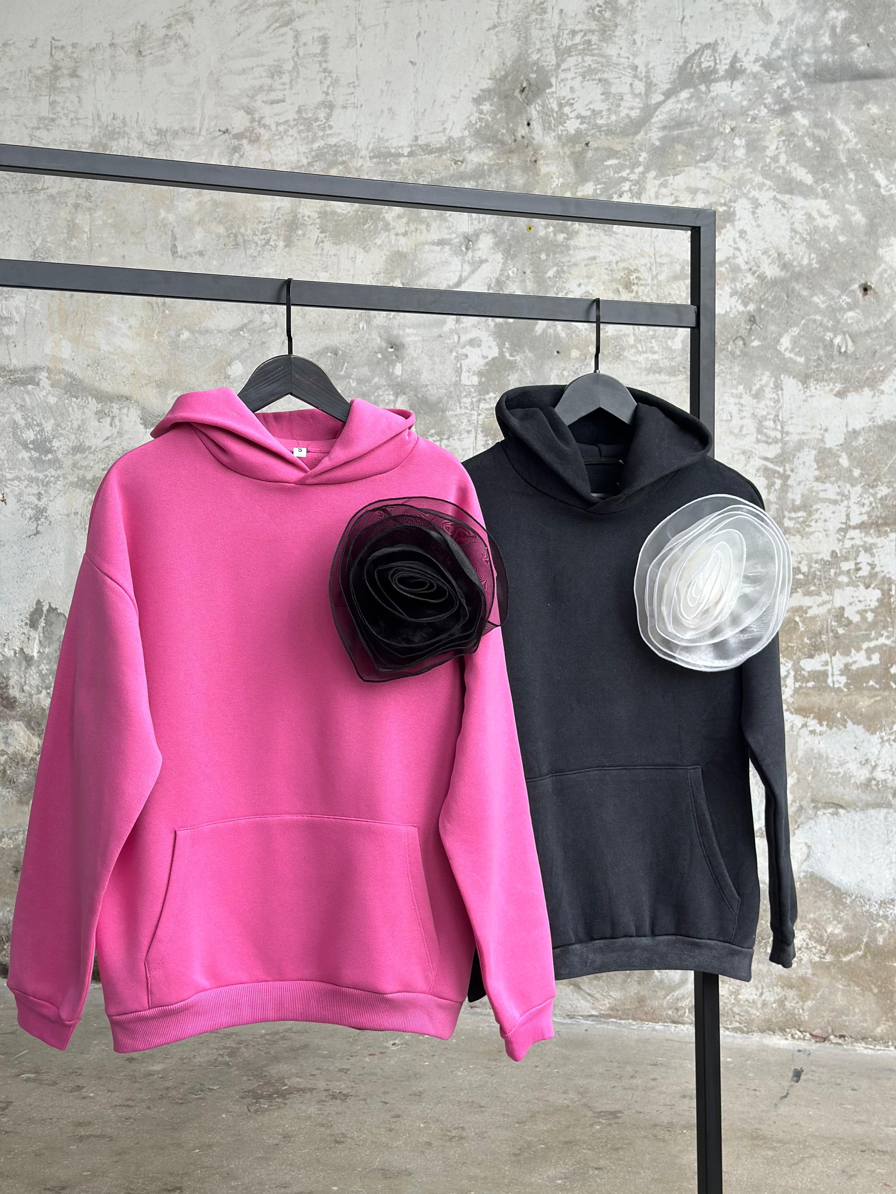 Tasarım Organze Güllü Kapşunlu Sweat (Siyah)