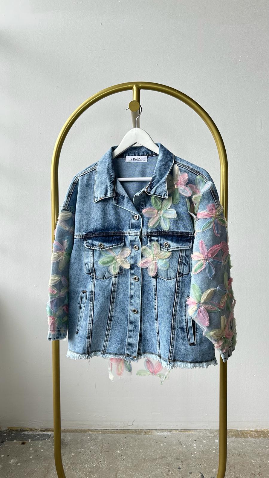 Tasarım Organze Kumaş Çiçek Desenli Denim Ceket (Mavi)