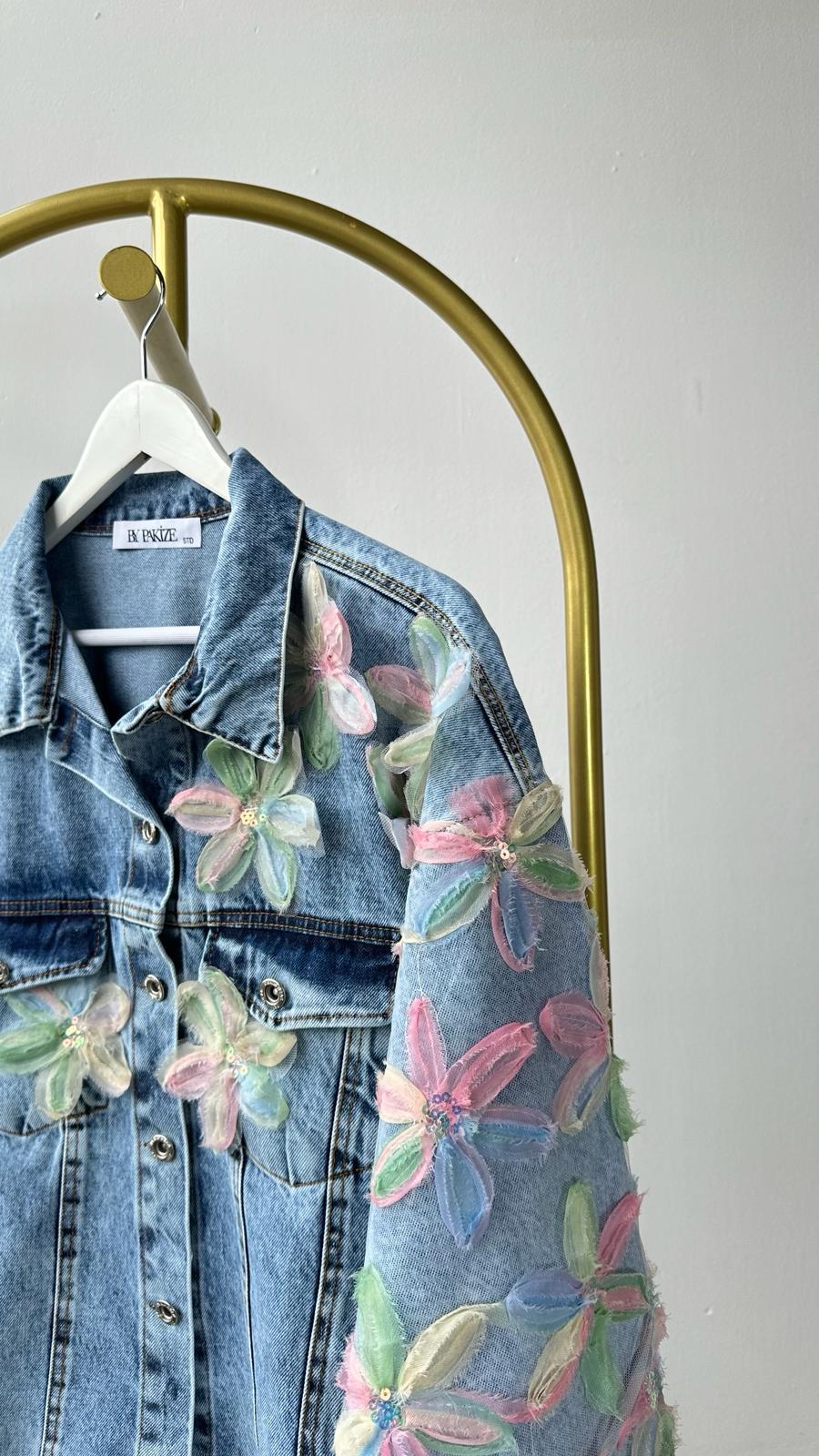 Tasarım Organze Kumaş Çiçek Desenli Denim Ceket (Mavi)