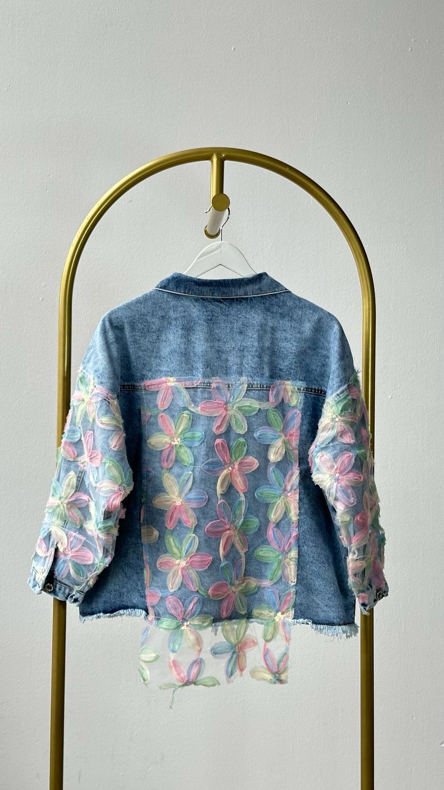 Tasarım Organze Kumaş Çiçek Desenli Denim Ceket (Mavi)