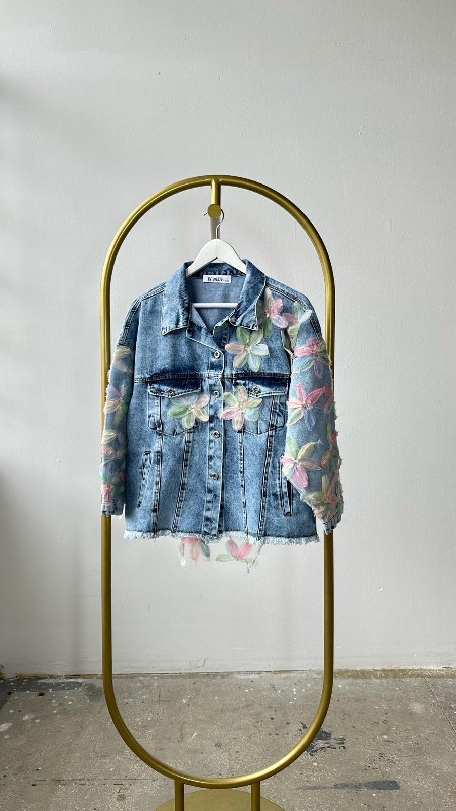 Tasarım Organze Kumaş Çiçek Desenli Denim Ceket (Mavi)