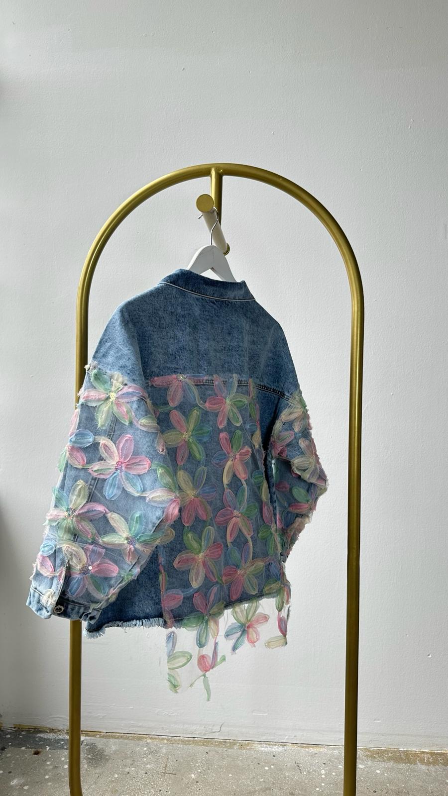 Tasarım Organze Kumaş Çiçek Desenli Denim Ceket (Mavi)