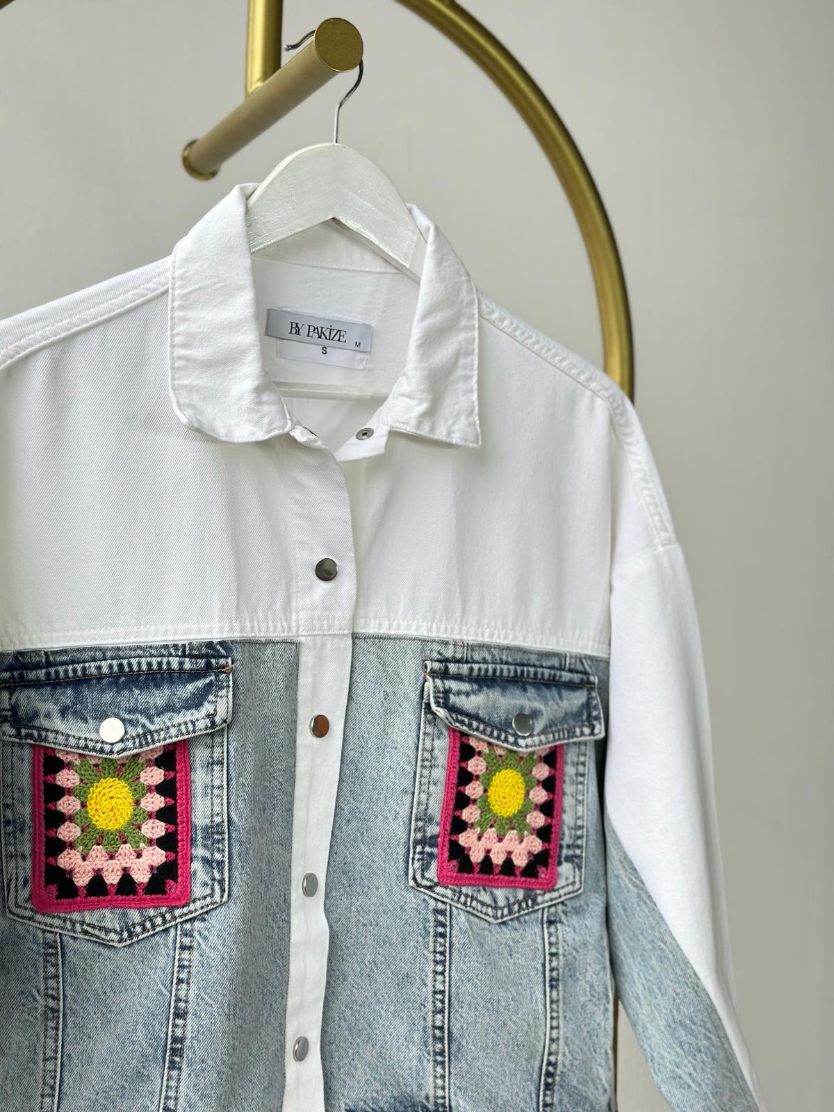 Tasarım Örme Cep Detaylı Denim Ceket (Beyaz)