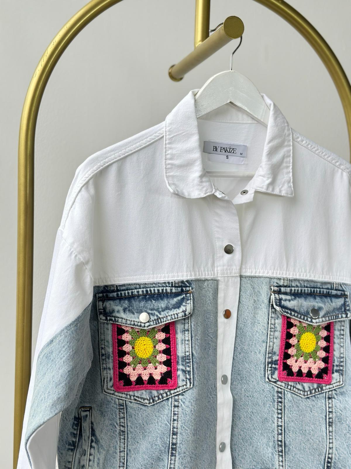 Tasarım Örme Cep Detaylı Denim Ceket (Beyaz)