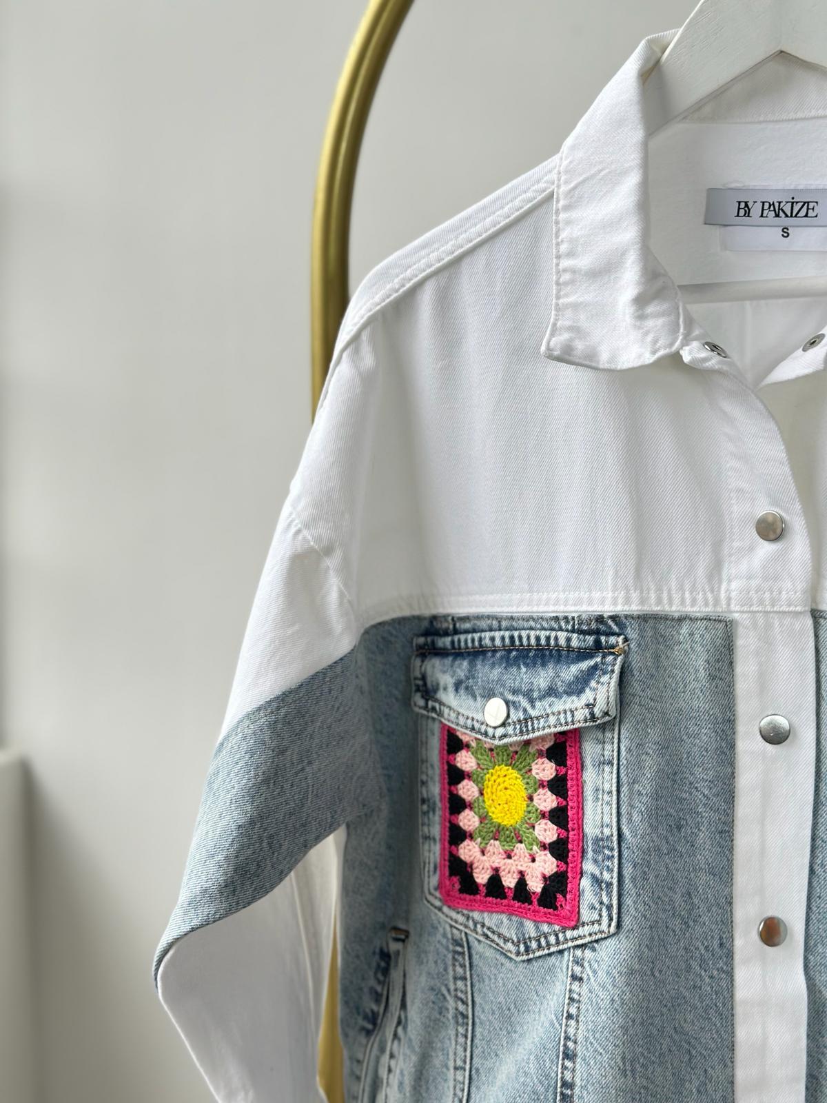 Tasarım Örme Cep Detaylı Denim Ceket (Beyaz)