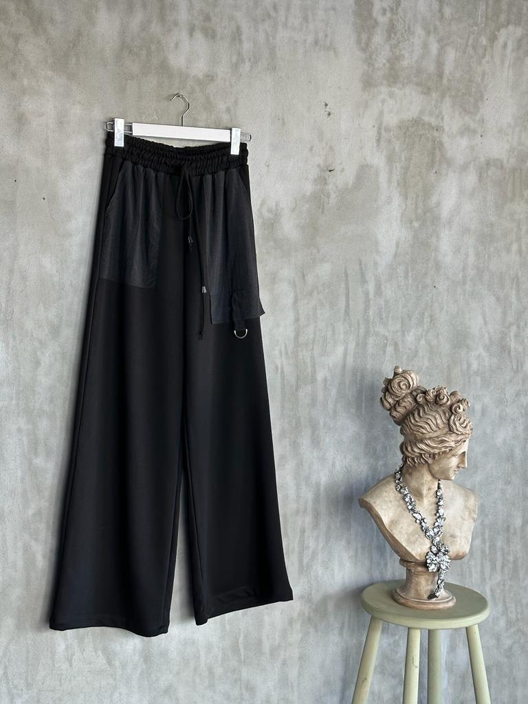 Tasarım Paraşüt Cep Detaylı Bol Paça Pantolon (Siyah)