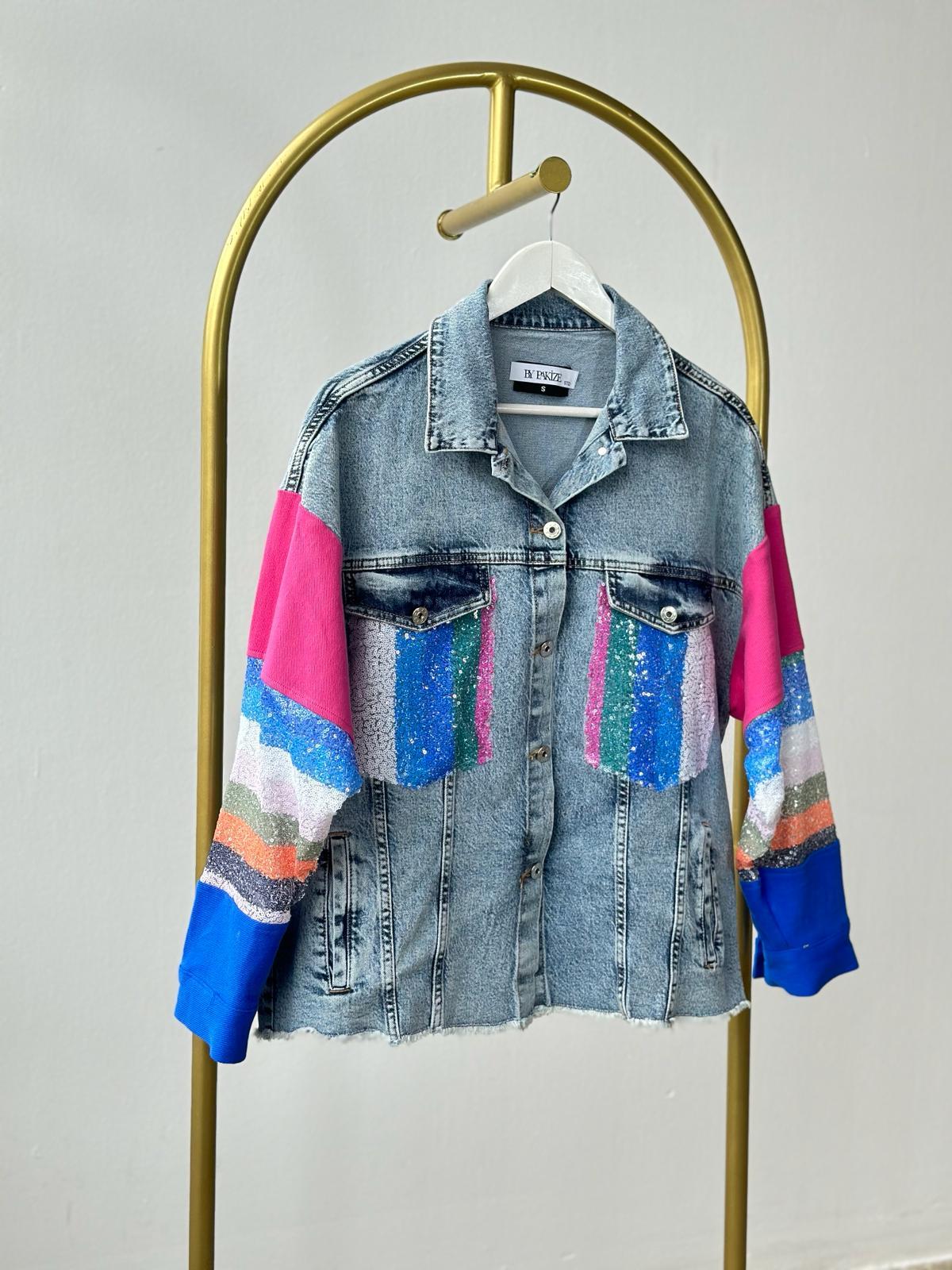 Tasarım Pul Payet İşlemeli Denim Ceket (Mavi)