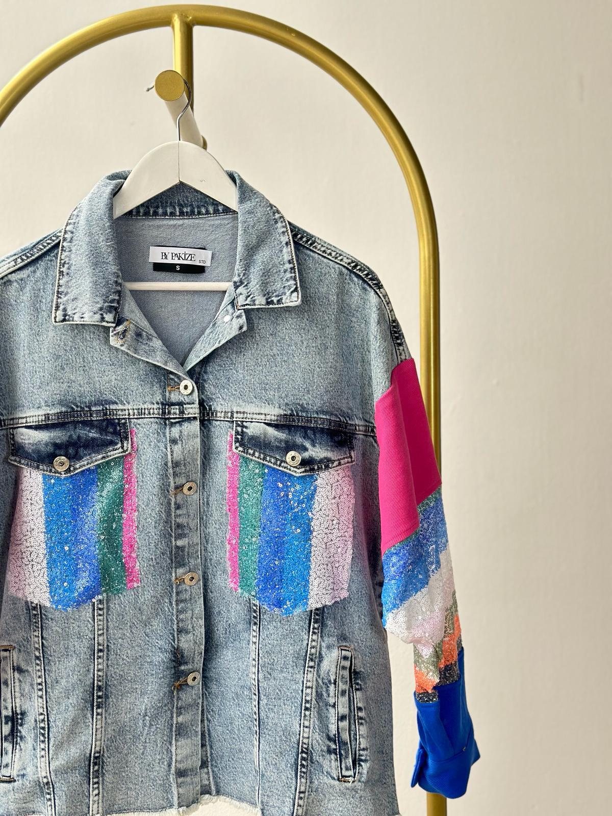 Tasarım Pul Payet İşlemeli Denim Ceket (Mavi)