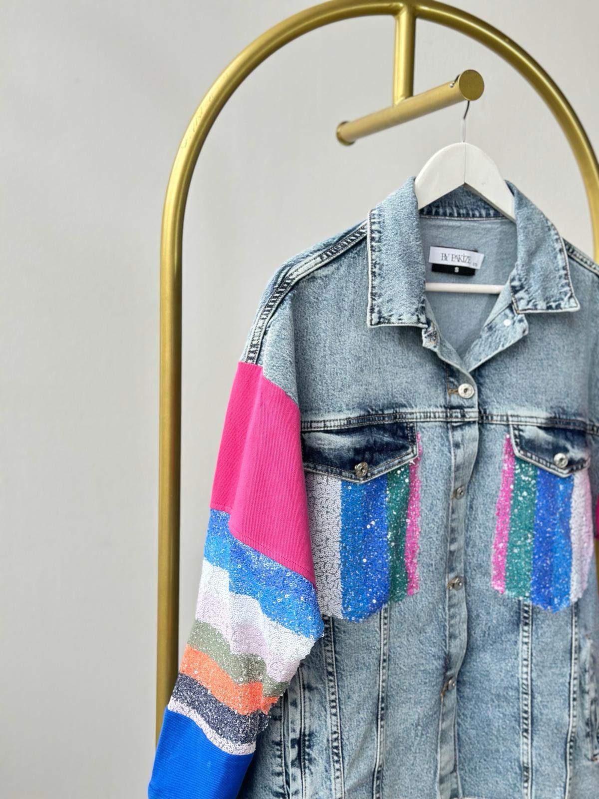 Tasarım Pul Payet İşlemeli Denim Ceket (Mavi)