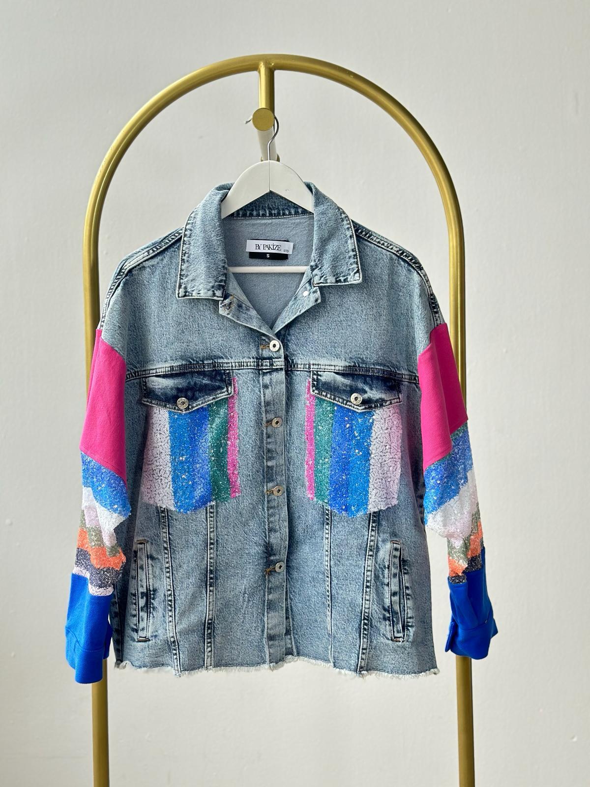 Tasarım Pul Payet İşlemeli Denim Ceket (Mavi)