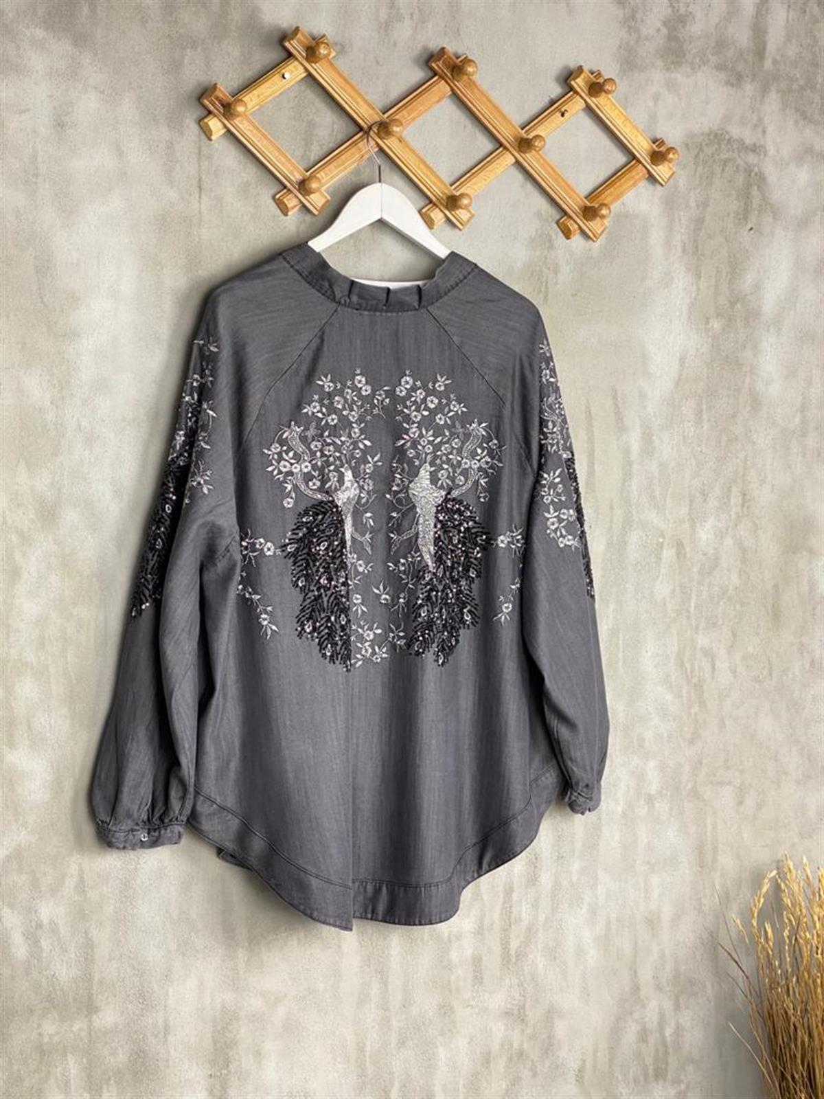 Tasarım Pul Payet İşlemeli Kadın Kimono (Antrasit)