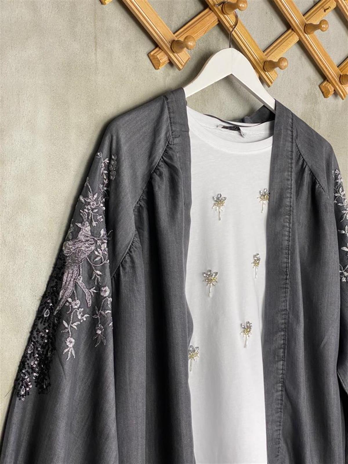 Tasarım Pul Payet İşlemeli Kadın Kimono (Antrasit)